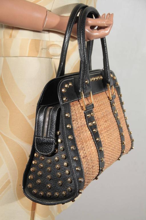 FENDI Italian STRAW and Black Leather STUDDED LARGE TOTE