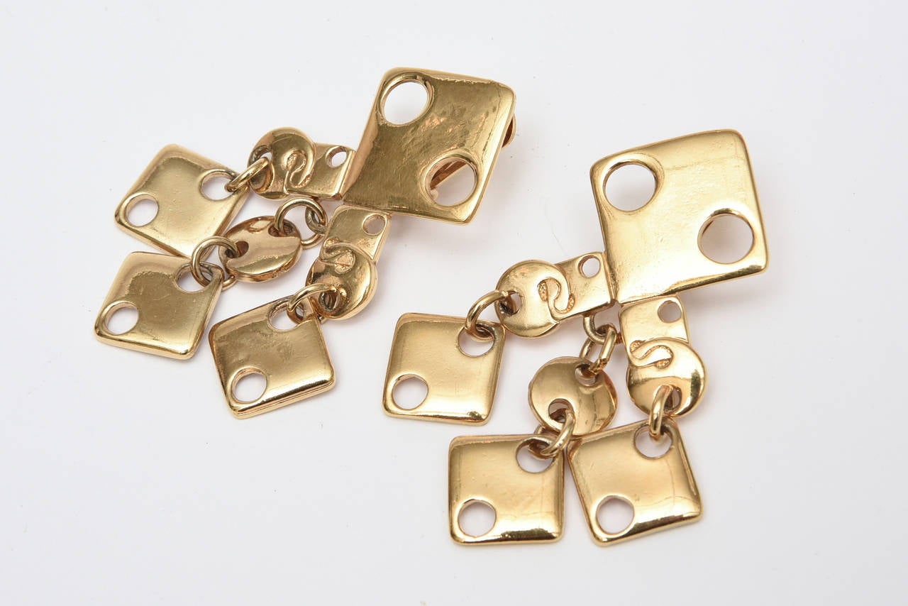 Paco Rabanne Signed Geometric Gold Plated Modernist Brass Earrings 60's