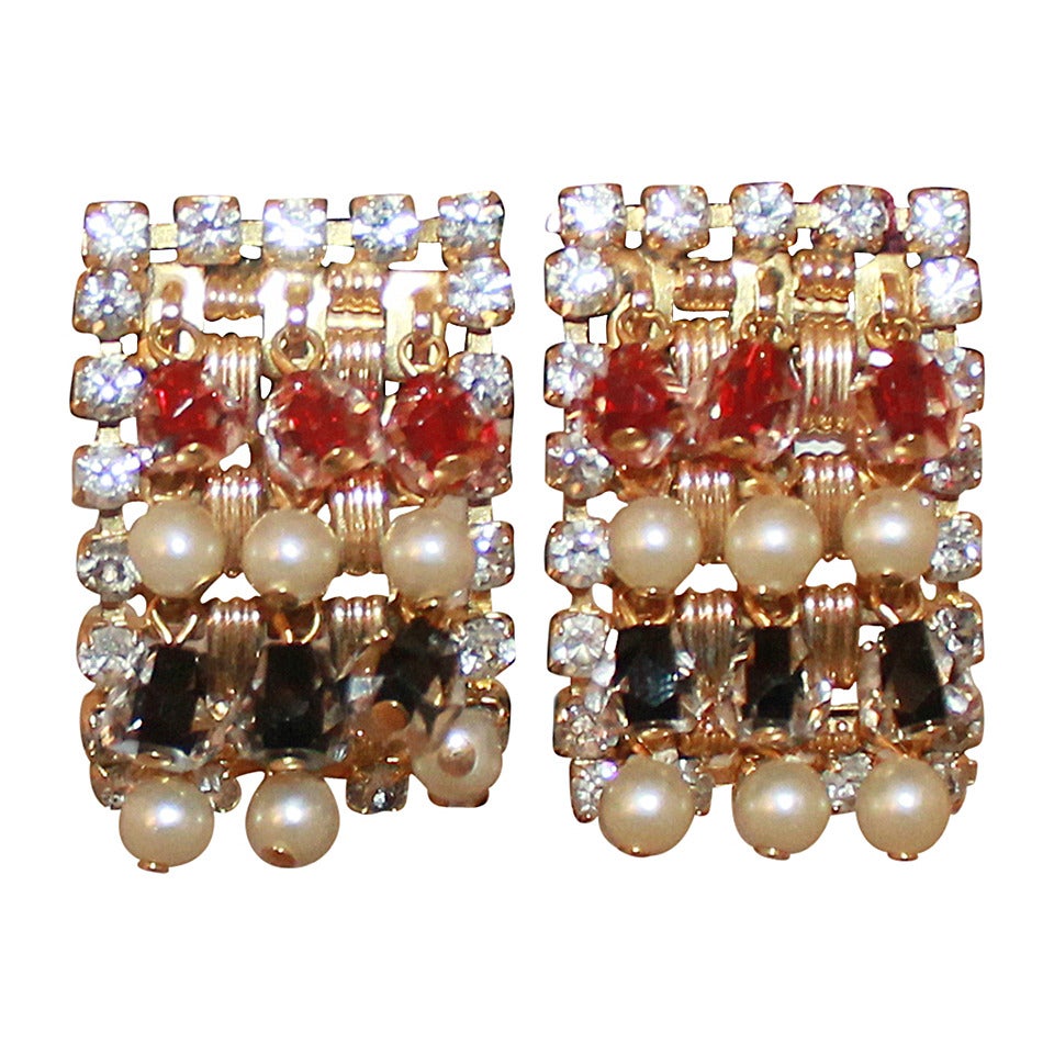 Hobe Vintage Pearl and Ruby Sapphire Rhinestone Clip Earrings, circa