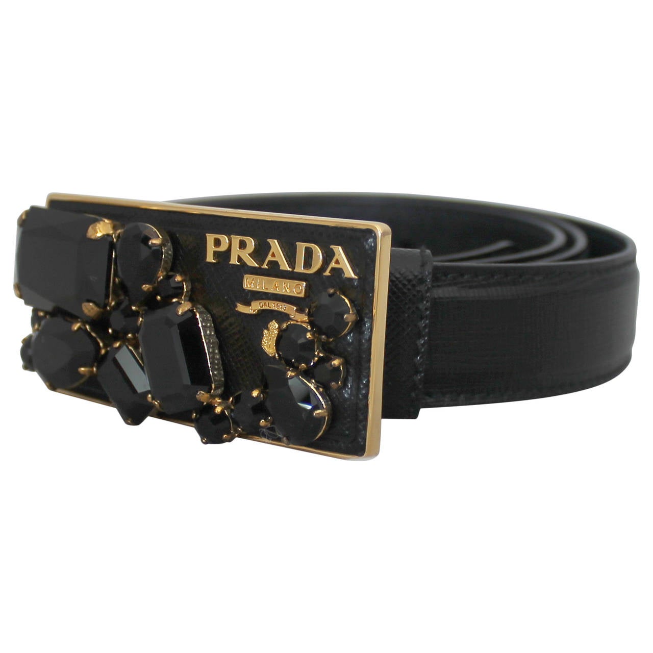 Prada Black Saffiano Leather Belt with Gold Rhinestone Buckle at