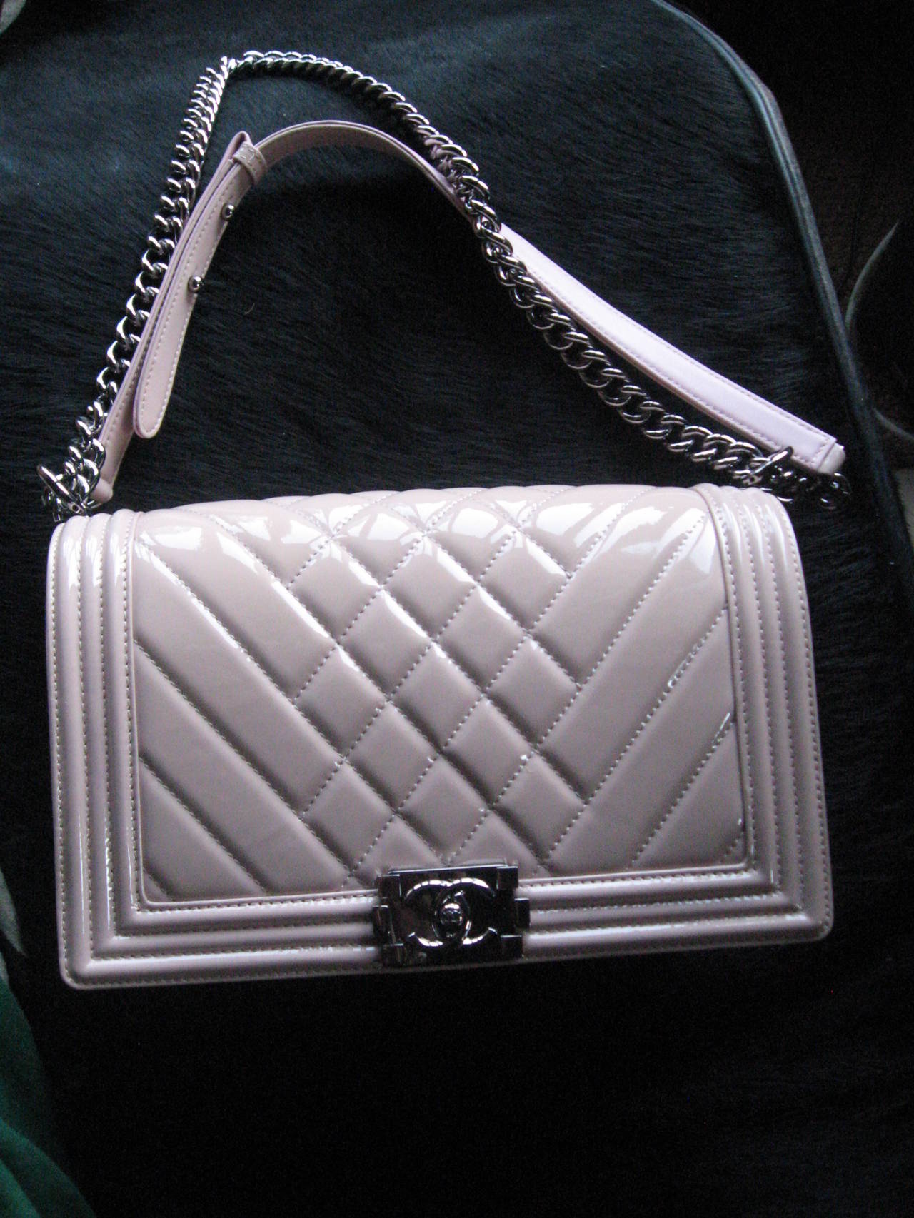 Chanel Pink Patent Leather Medium Chevron Quilted Boy Bag at 1stDibs