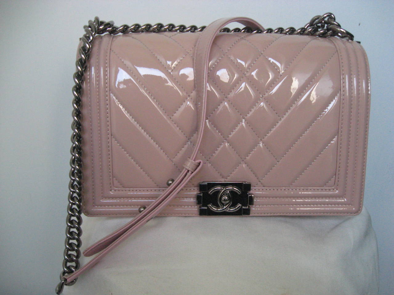 Chanel Pink Patent Leather Medium Chevron Quilted Boy Bag at 1stDibs