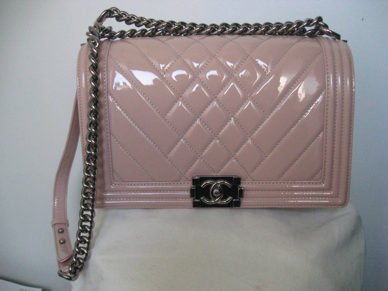 Chanel Pink Patent Leather Medium Chevron Quilted Boy Bag at 1stDibs