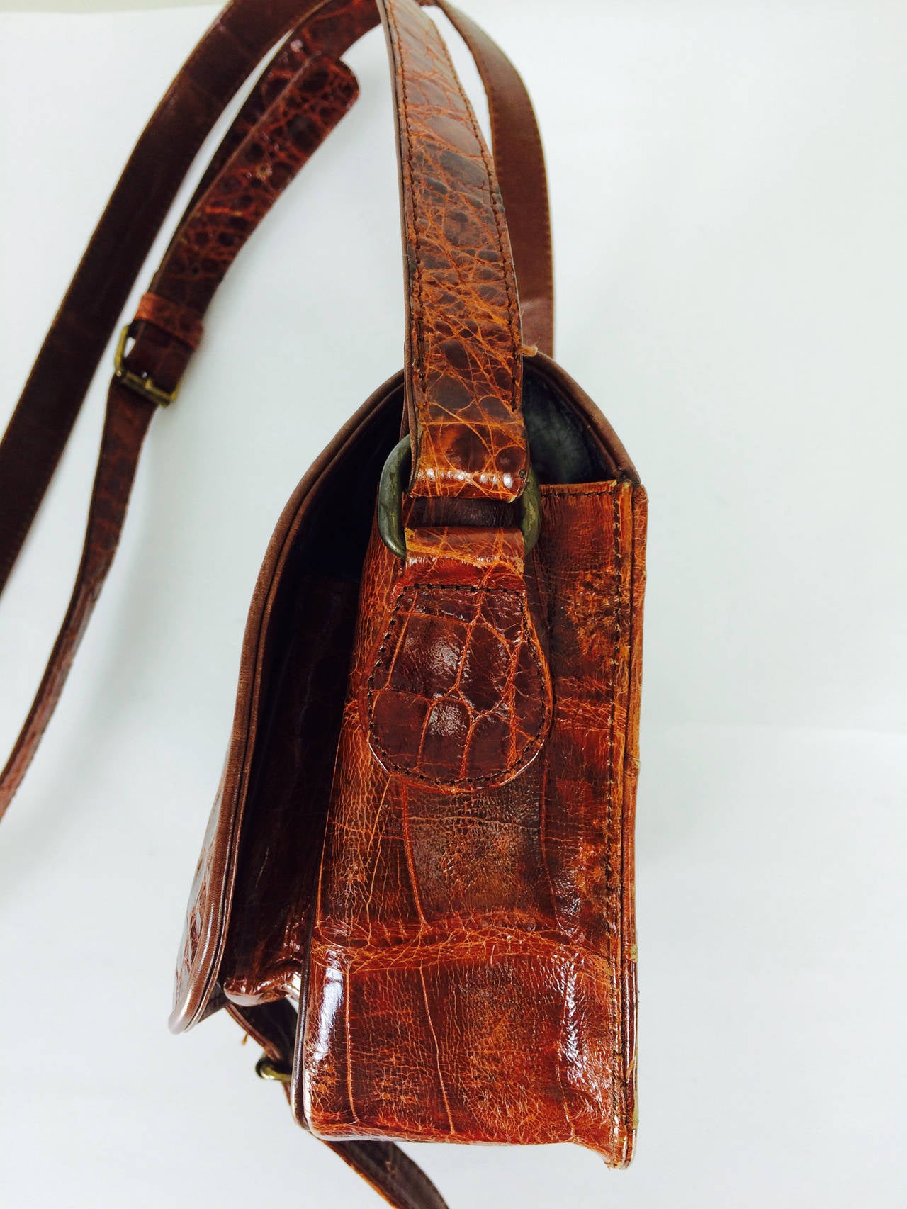 Saddle bag handbag cognac leather faux alligator Neiman Marcus 1980s at