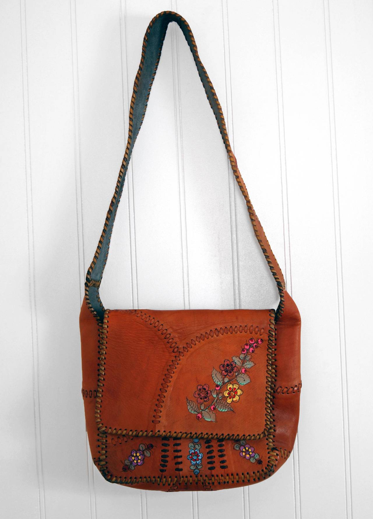 1970's Char Handpainted Whipstitched Leather Bohemian Hippie Messanger