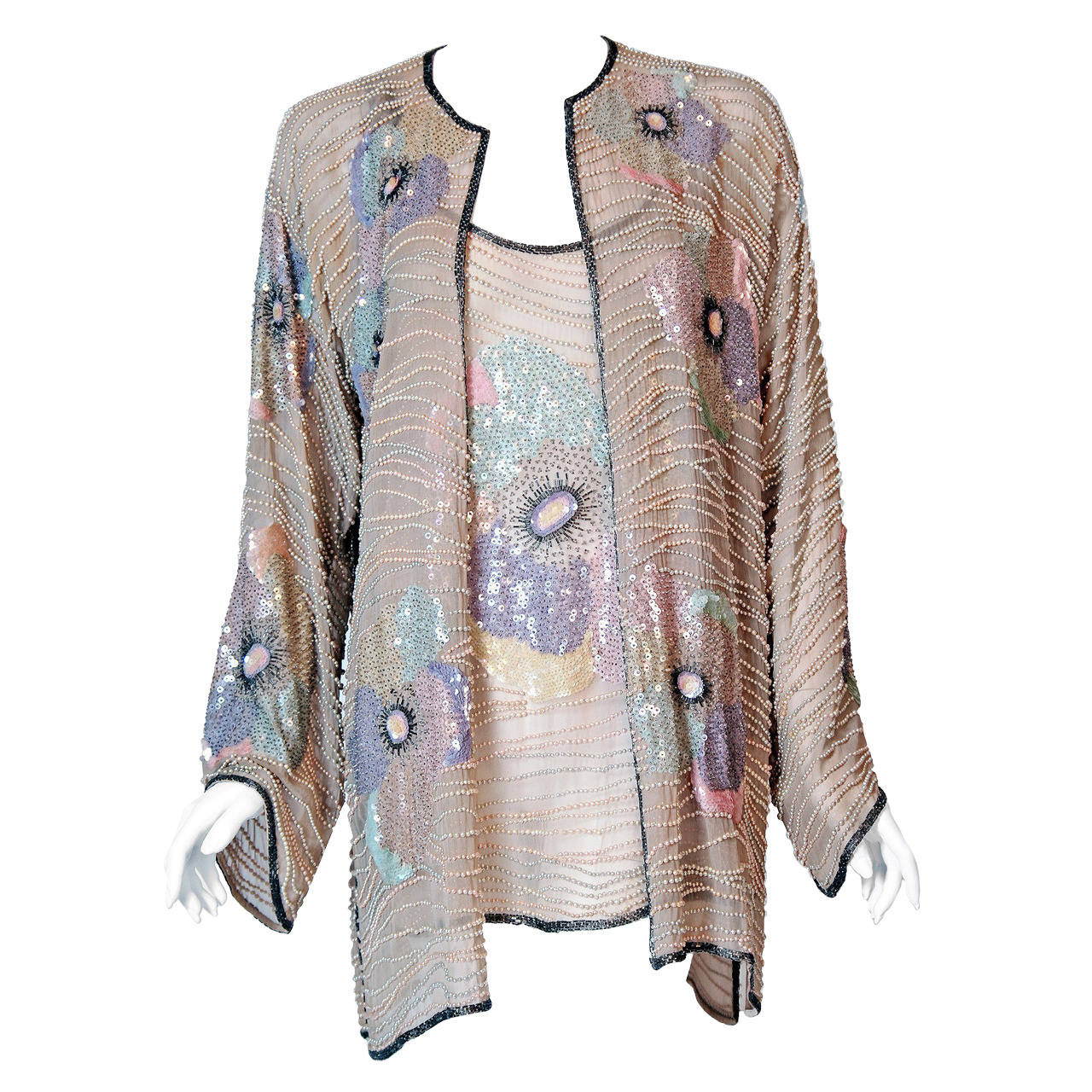 1970's Halston Beaded Sequin Pastel Floral Silk Kimono BellSleeve Jacket Set For Sale at 1stdibs