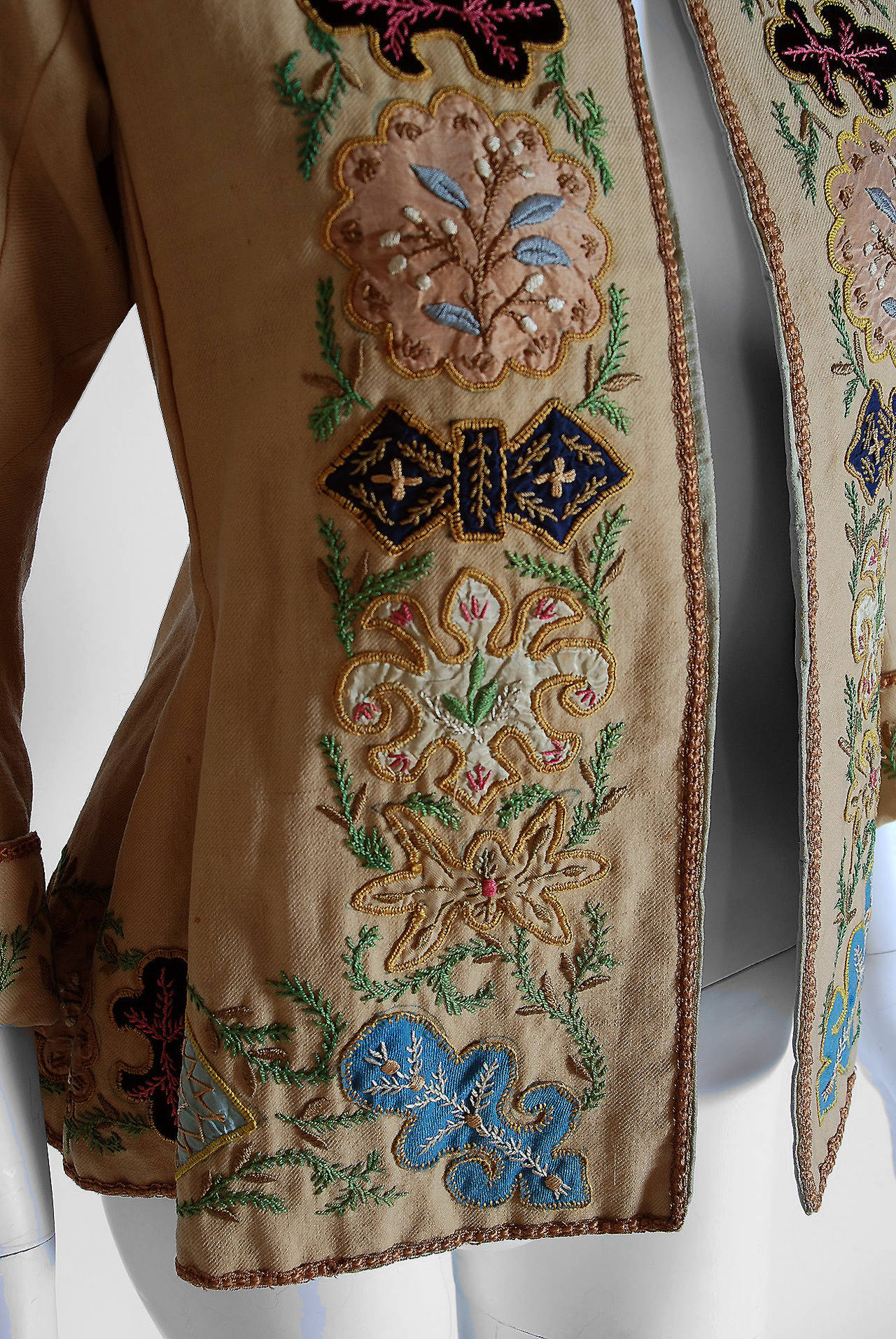 1870's Victorian Antique Embroidered and Applique Tan Wool BellSleeve