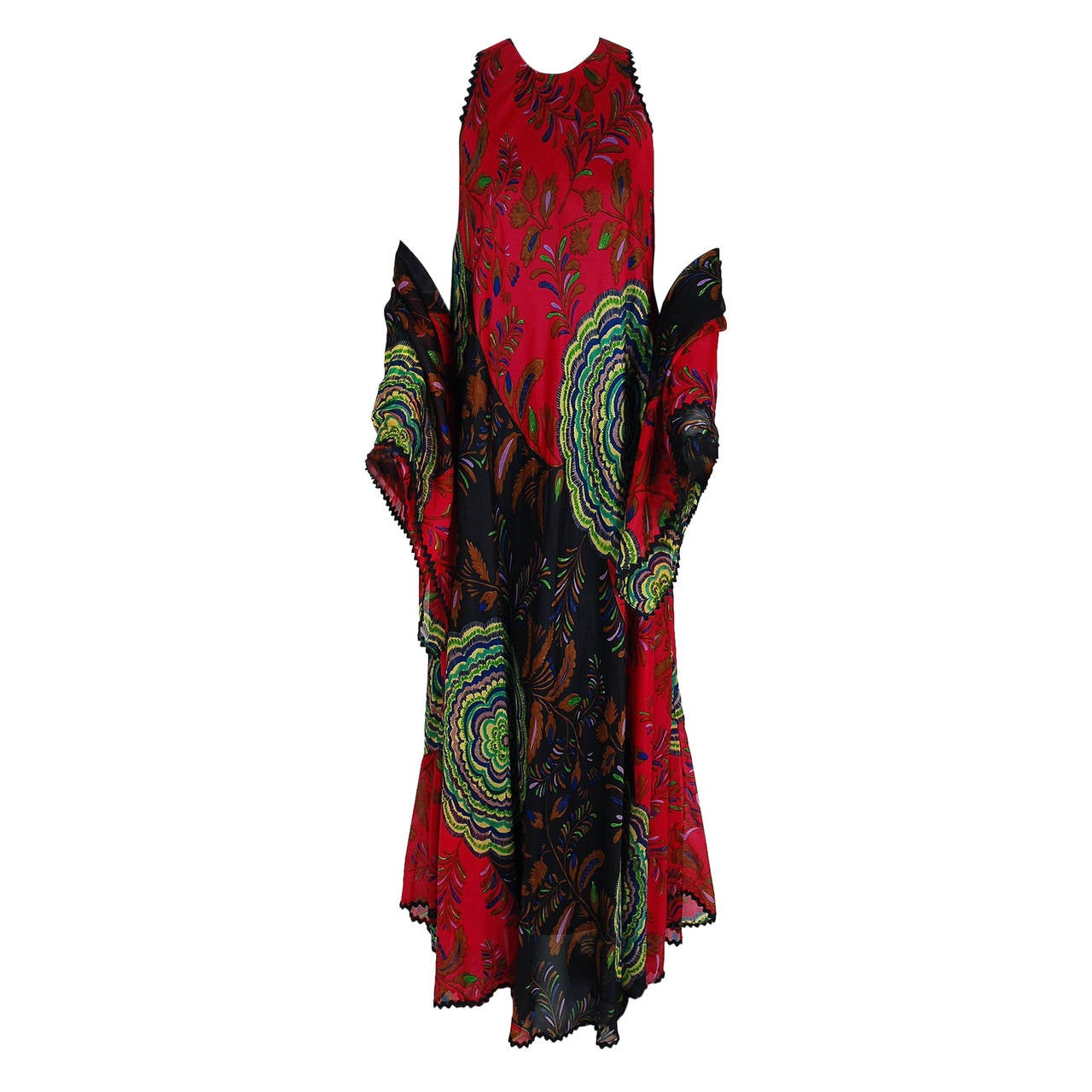 1974 Lanvin Couture Colorful AbstractFloral Print Silk Goddess Gown