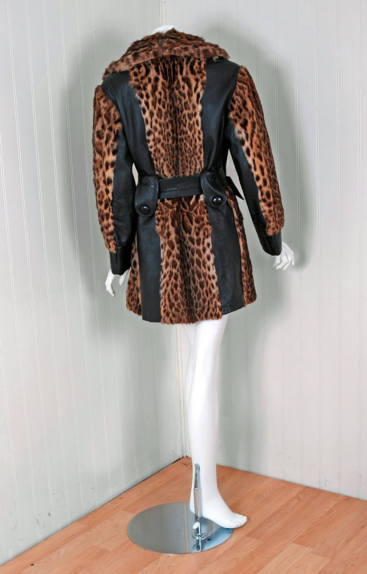1960's Luxurious GeoffroyCat Fur and Black Leather Belted Princess