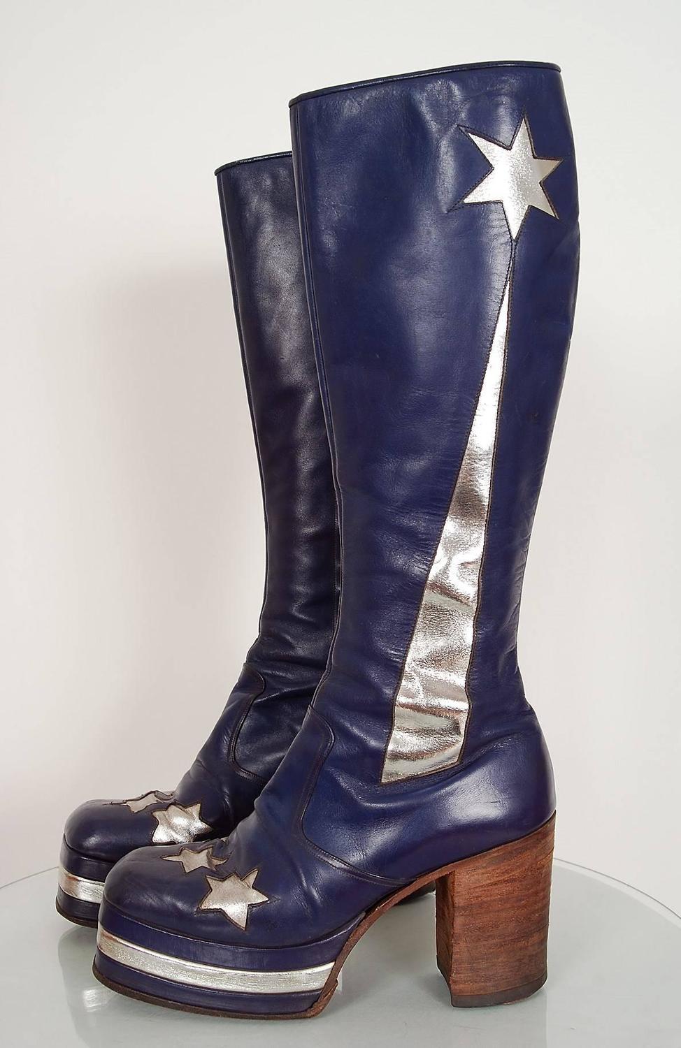 1970's Purple and Silver Leather Novelty Stars KneeHigh Platform Glam