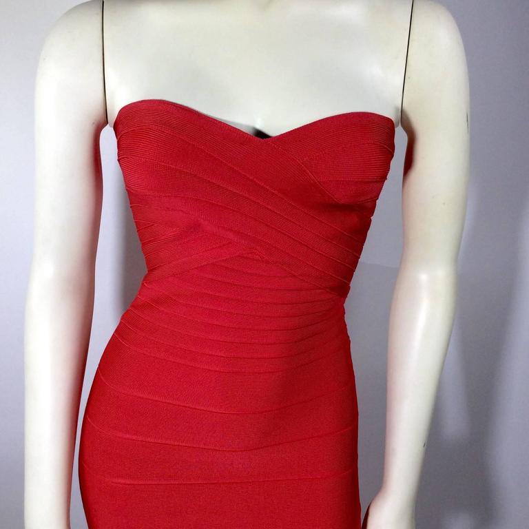Herve Leger Red Strapless Bandage Dress For Sale at 1stdibs