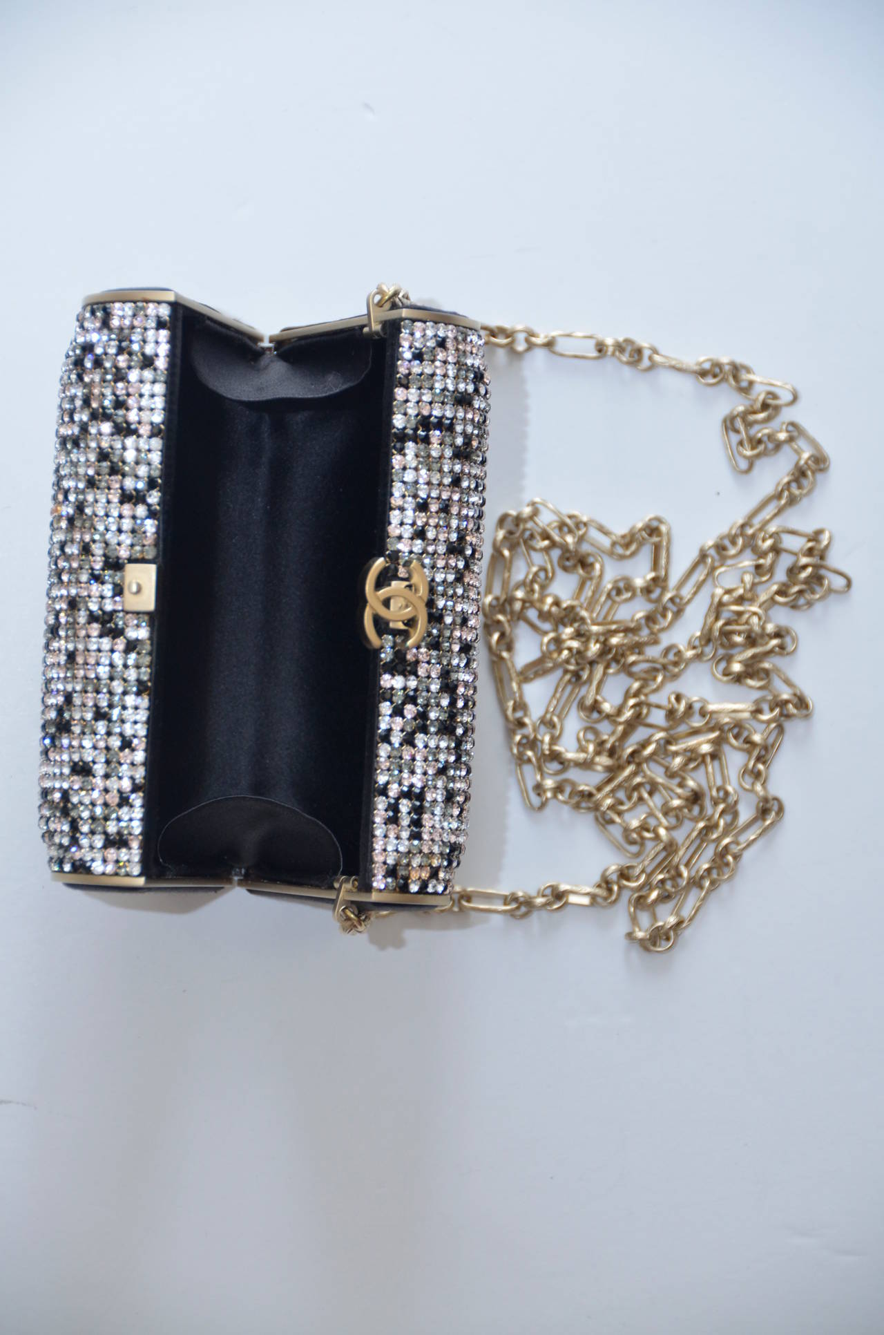 CHANEL Clutch Handbag Evening With Swarovski Black Gold Brown Crystals