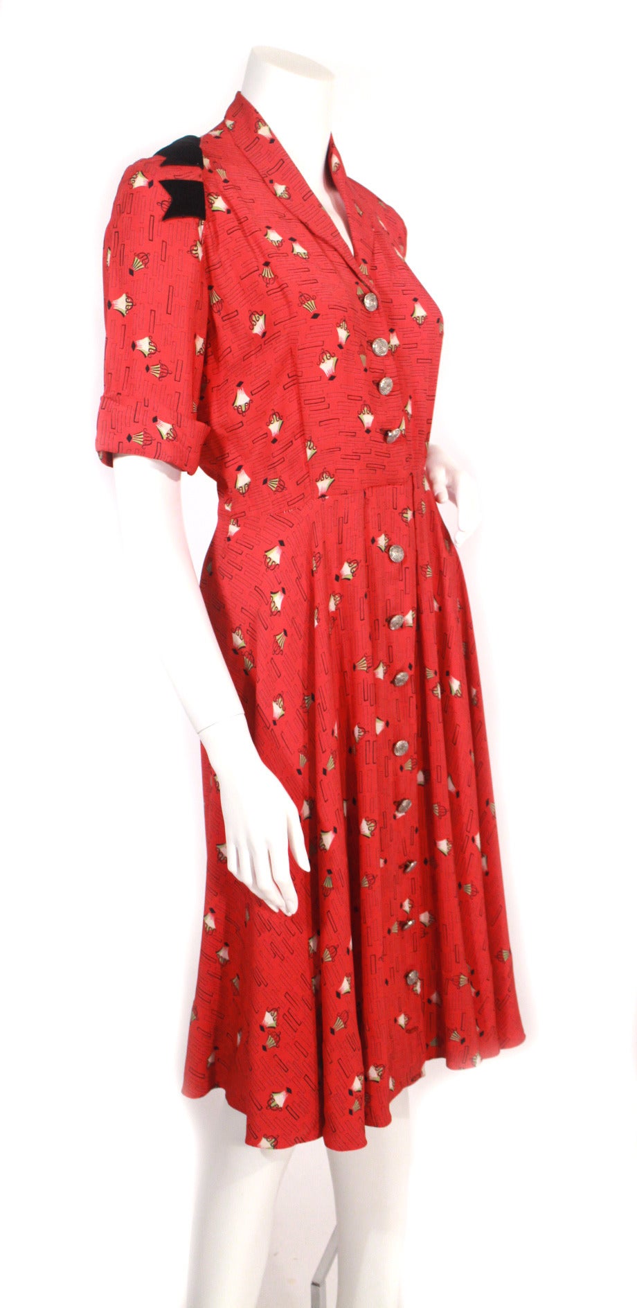 Late 1940s Red Print Dress For Sale at 1stDibs