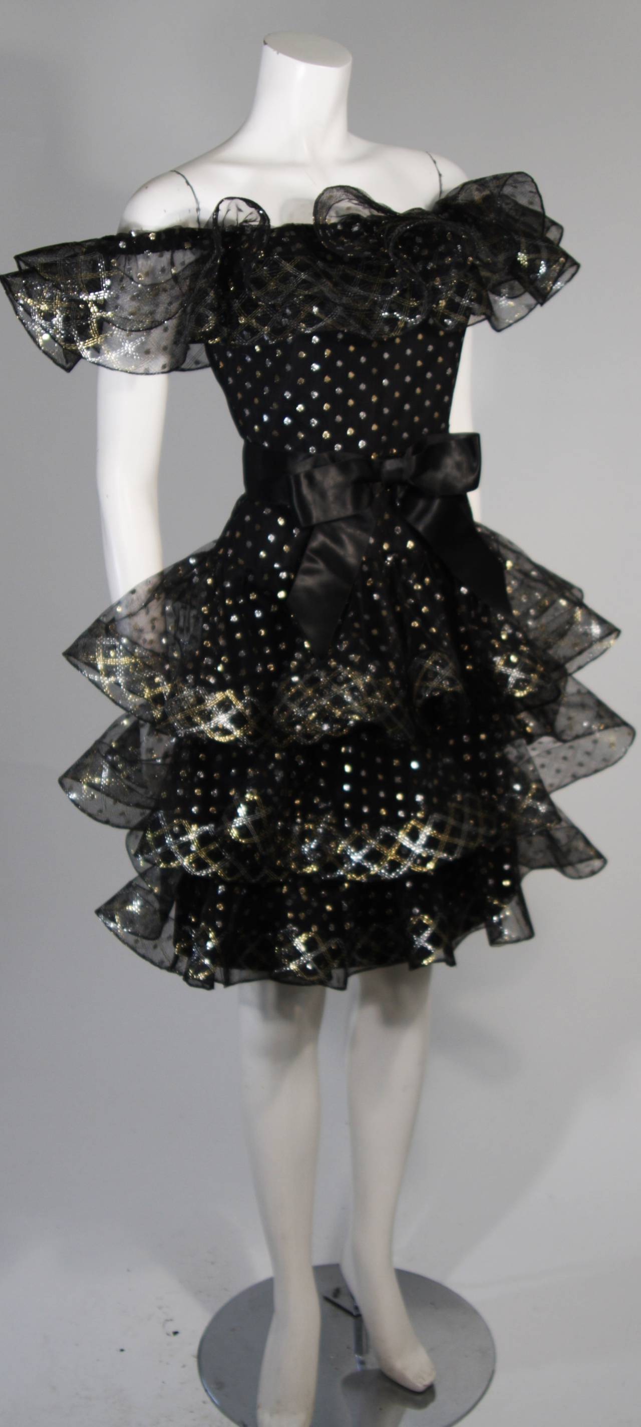 Victor Costa Black with Gold and Silver Metallic Accents Cocktail Dress