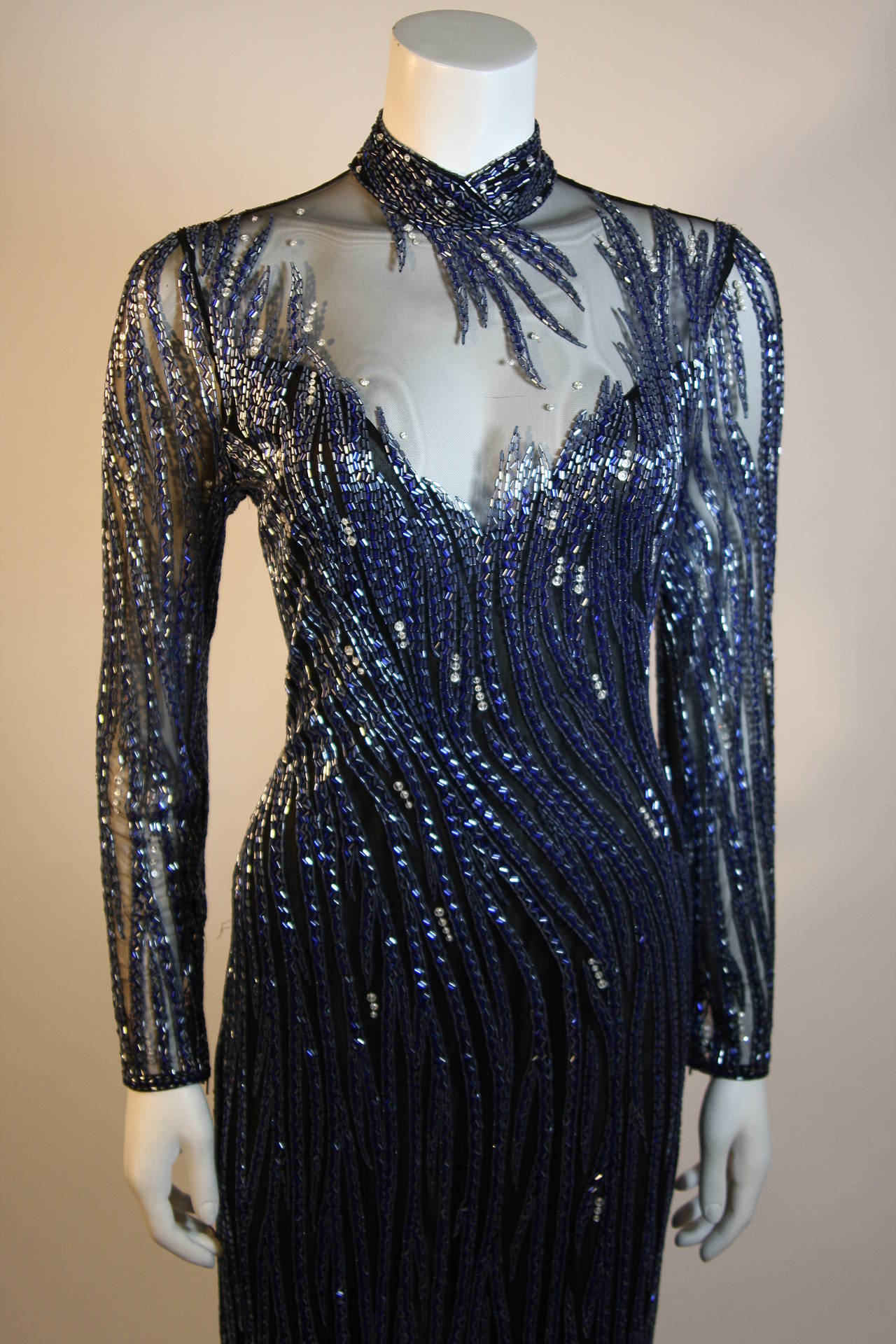 Bob Mackie 1980s midnight blue beaded gown with peekaboo sheer