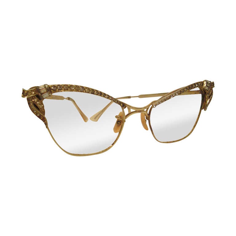 Spectacular 1950s 12K Gold Filled Rhinestone Cat Eye Frames at 1stdibs