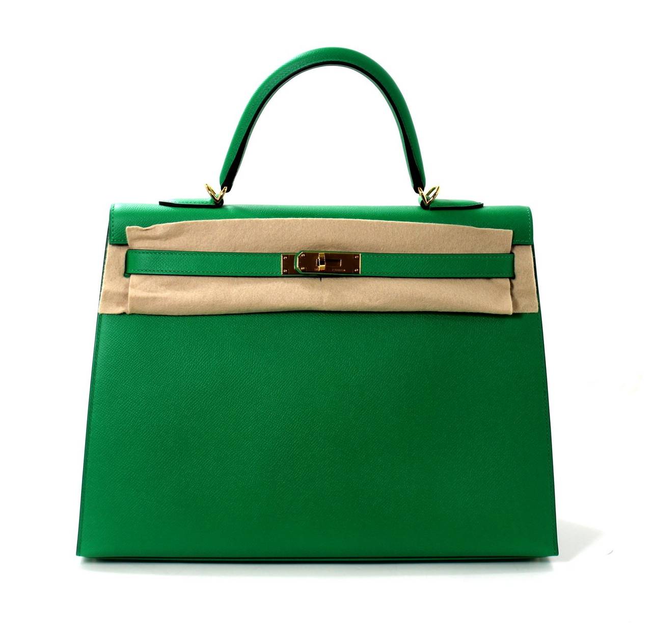 Hermes Bamboo Green 35 cm Kelly Bag Epsom Leather with Gold at 1stDibs