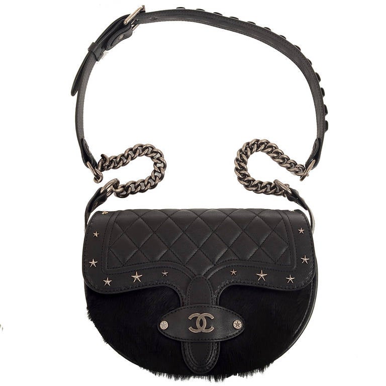 Chanel "Dallas" Studded Black Saddle Satchel Messenger Bag at 1stdibs