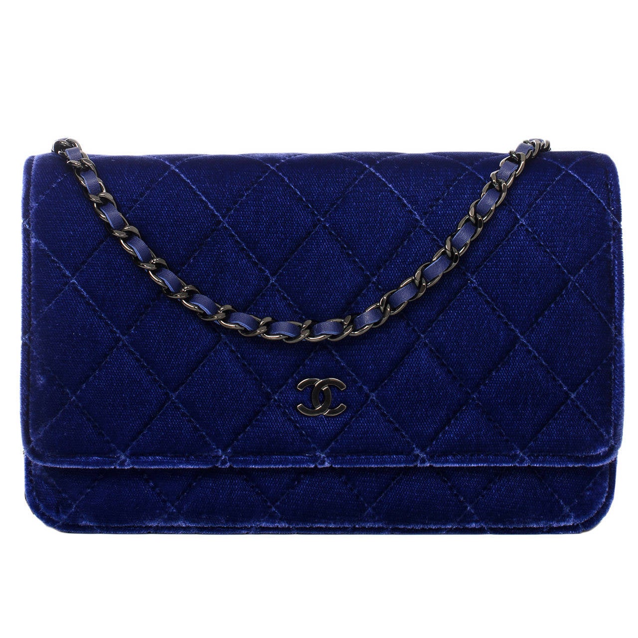 Chanel Electric Blue Velvet Classic Quilted Wallet On Chain (WOC) at