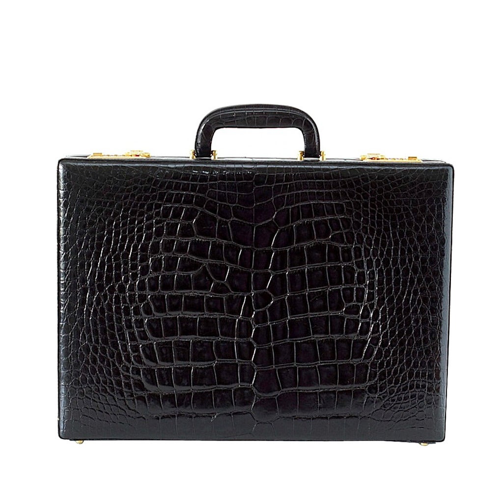BRIEFCASE Vintage Jet Black Crocodile Beautiful Scales Olive Pig Skin