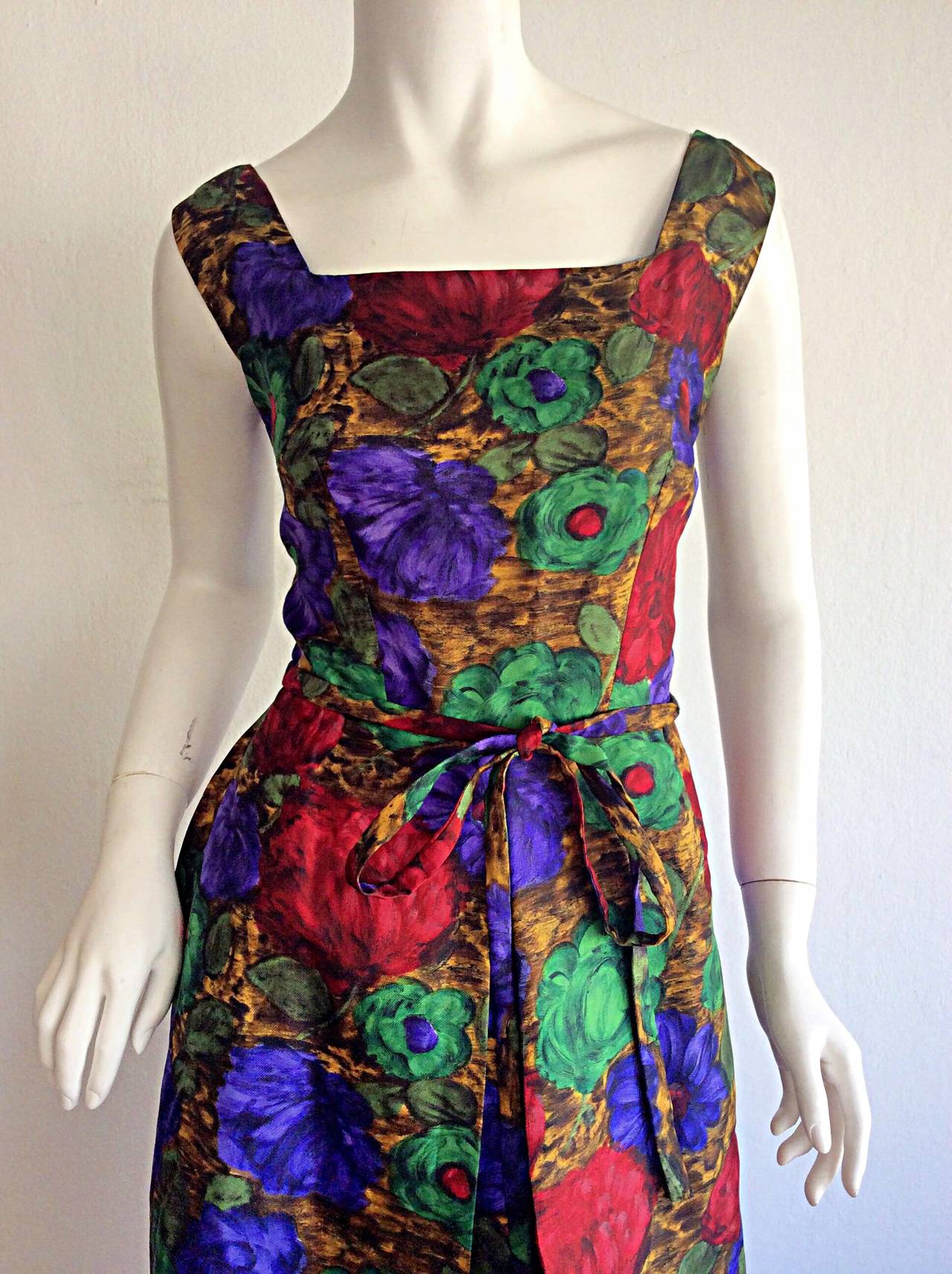 Stunning 1950s Adele Ross Silk Floral Watercolor Belted Dress For Sale