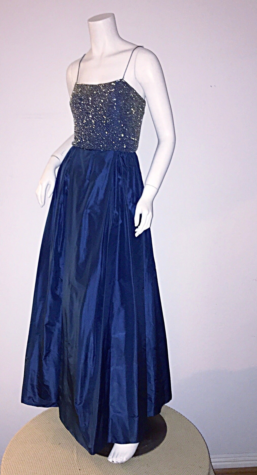 Beautiful 1950s Saks Fifth Avenue Beaded Blue Silk Taffeta Gown For