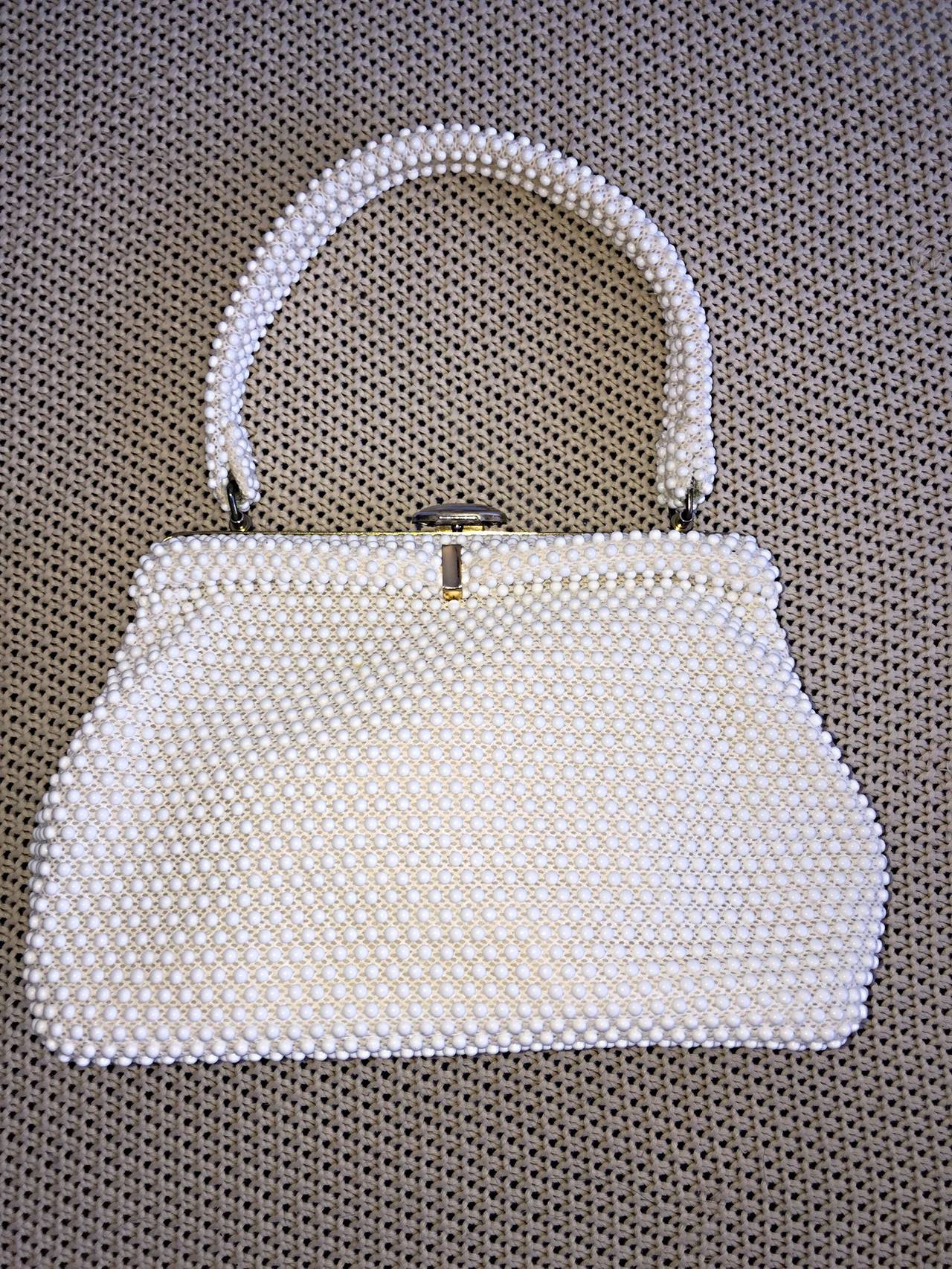 1960s Vintage ' Goosebump ' 60s White Beaded Evening Bag / Purse at 1stDibs