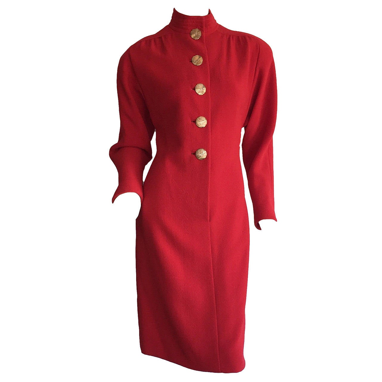 Beautiful Vintage James Galanos Lipstick Red Dress, w/ Gold Buttons For
