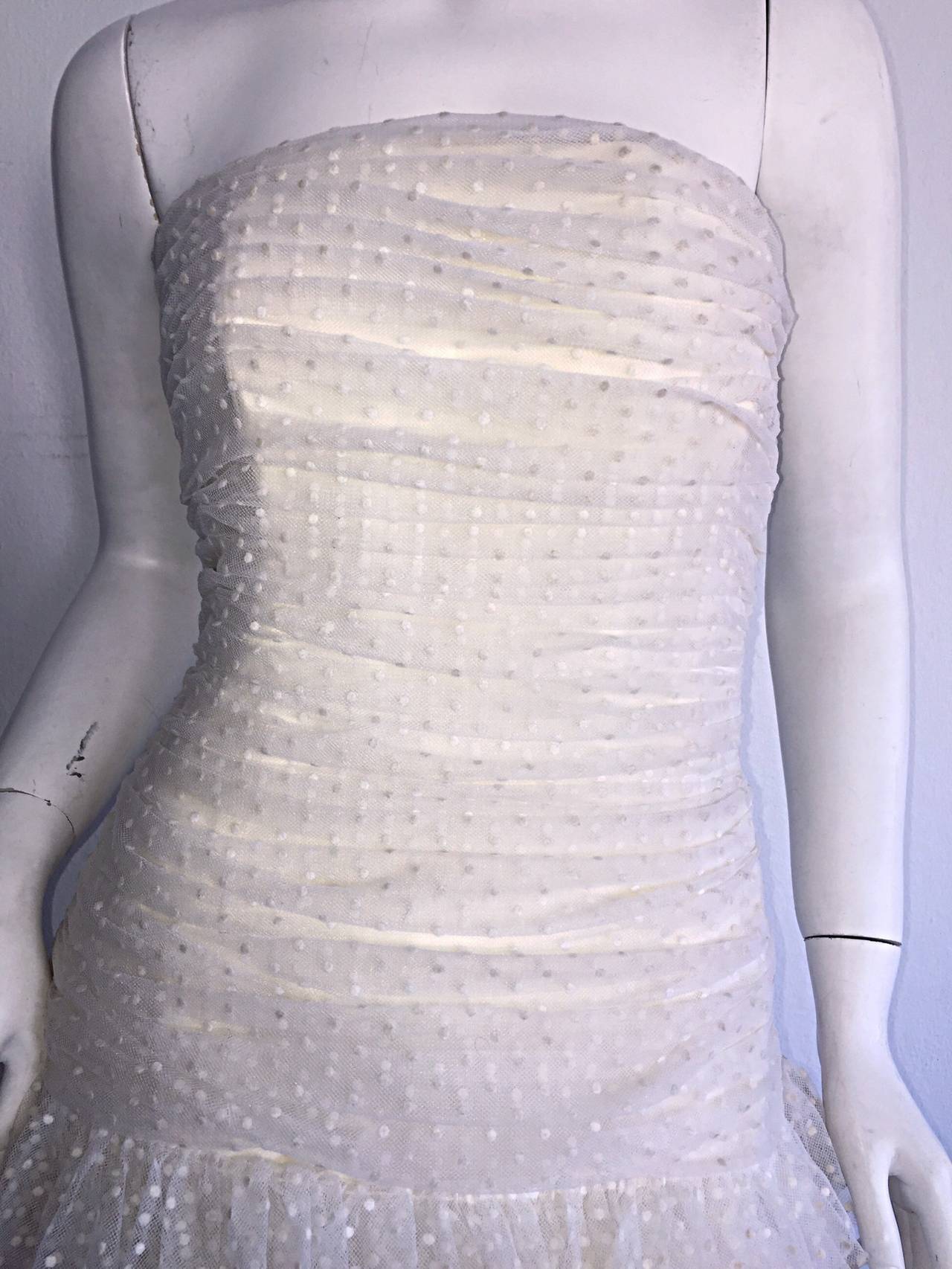 1990s Carolyne Roehm White Polka Dot ' Feathered ' Strapless Wedding