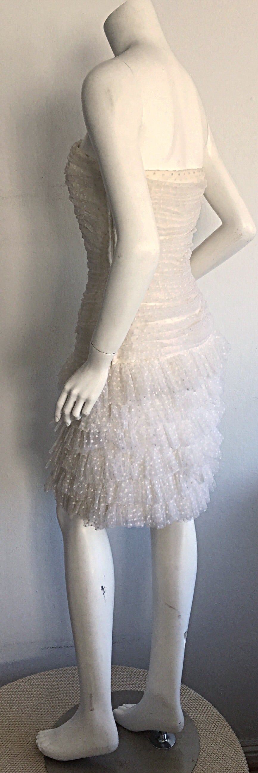 1990s Carolyne Roehm White Polka Dot ' Feathered ' Strapless Wedding