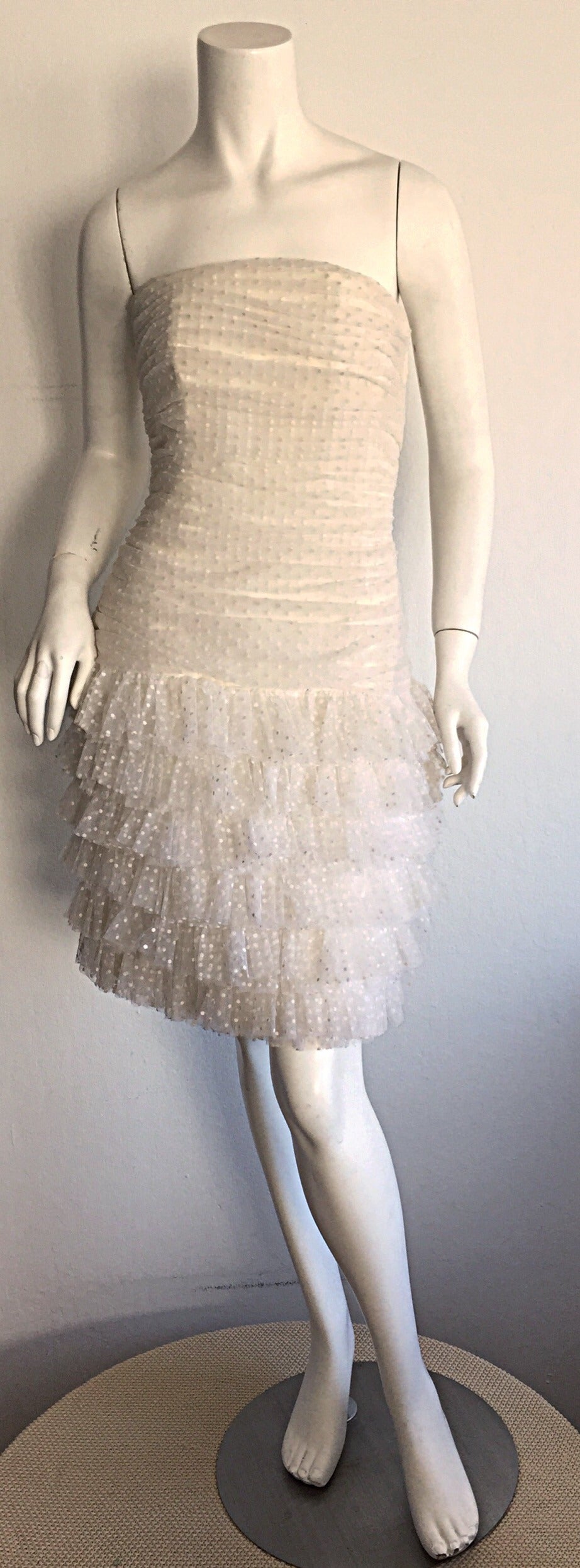 1990s Carolyne Roehm White Polka Dot ' Feathered ' Strapless Wedding