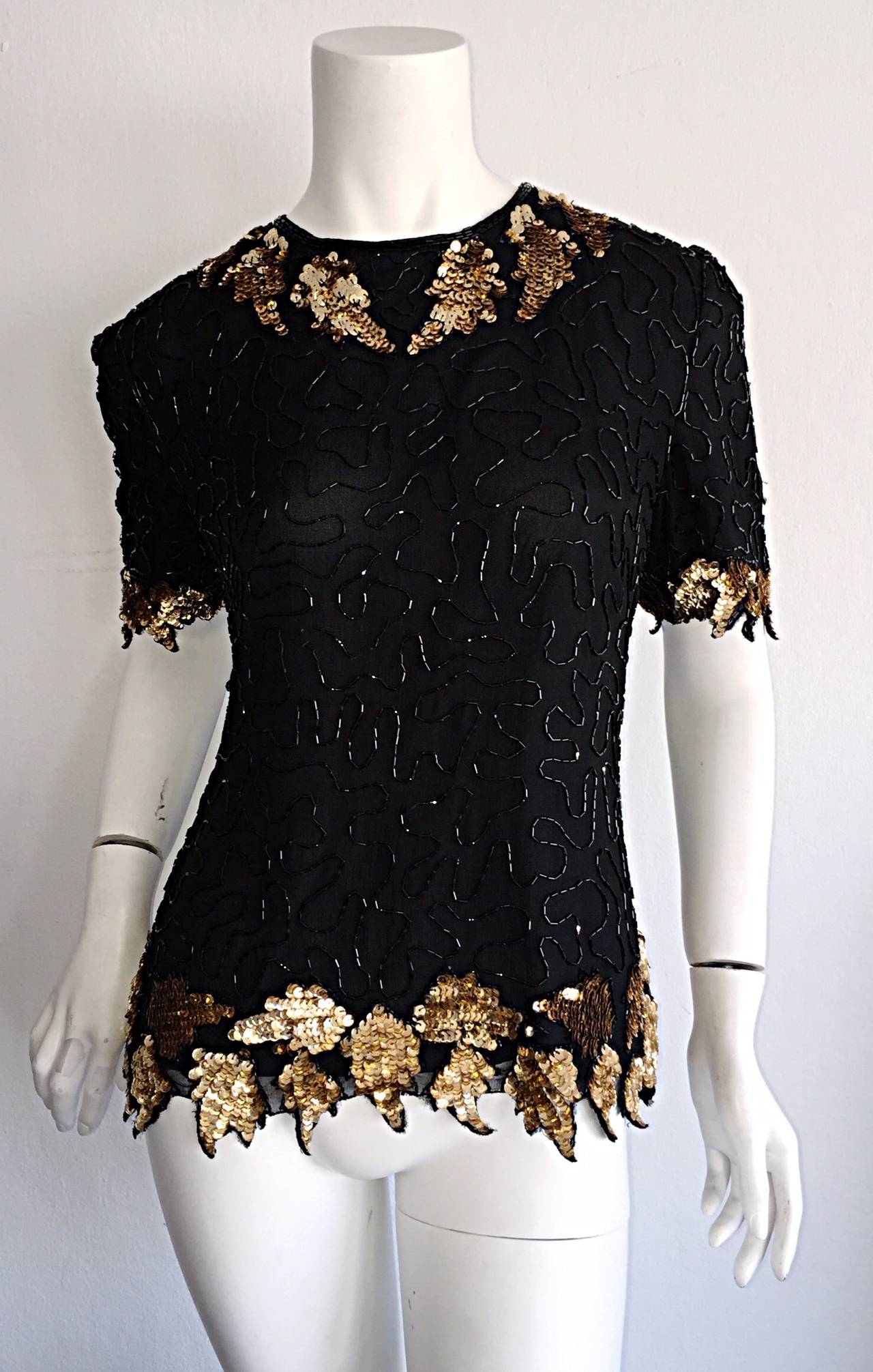 Beautiful Vintage Black + Gold Silk Beaded Scalloped Sequin Blouse Top