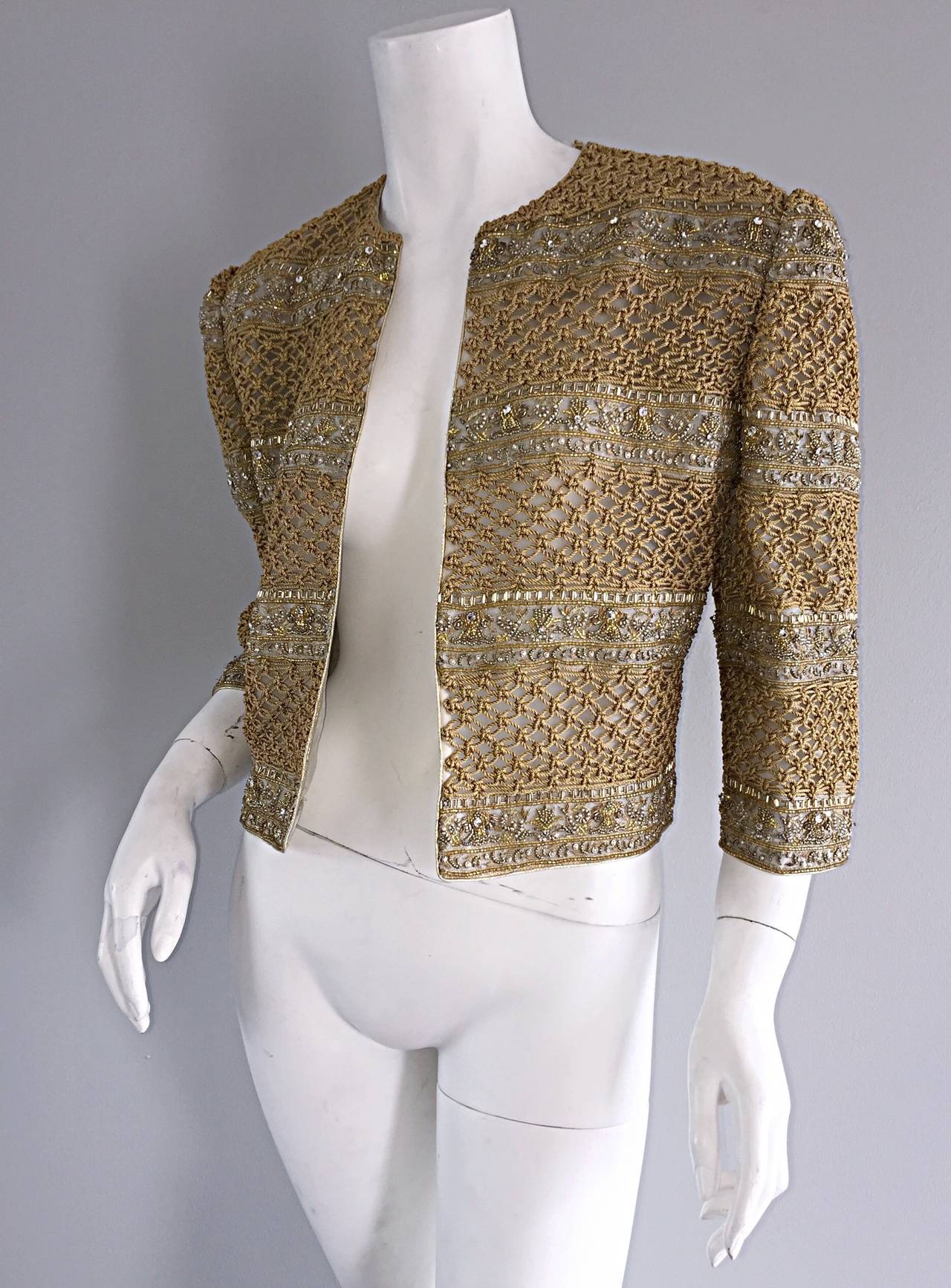 Incredible Vintage Mary McFadden Couture Gold Threaded Beaded Jacket at