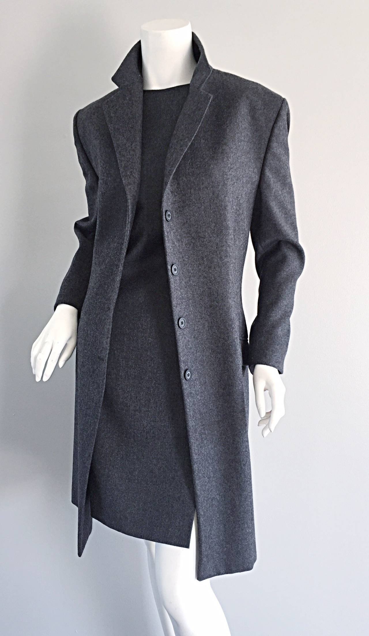 1990s Max Mara ' Woolmark ' Classic Charcoal Grey Dress + Jacket