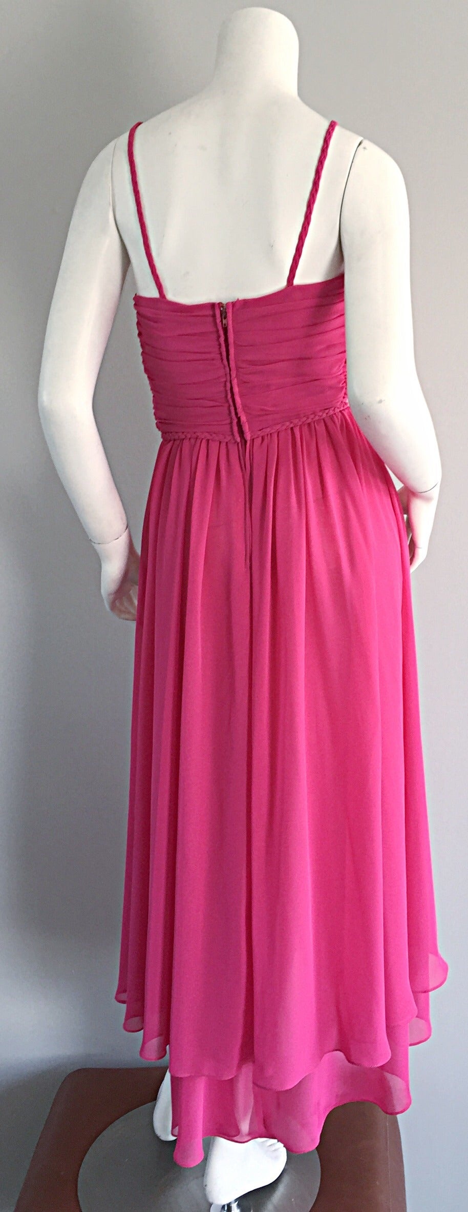 1970s Joy Stevens Hot Pink Vintage Flowy Grecian Disco Dress w/ Braided