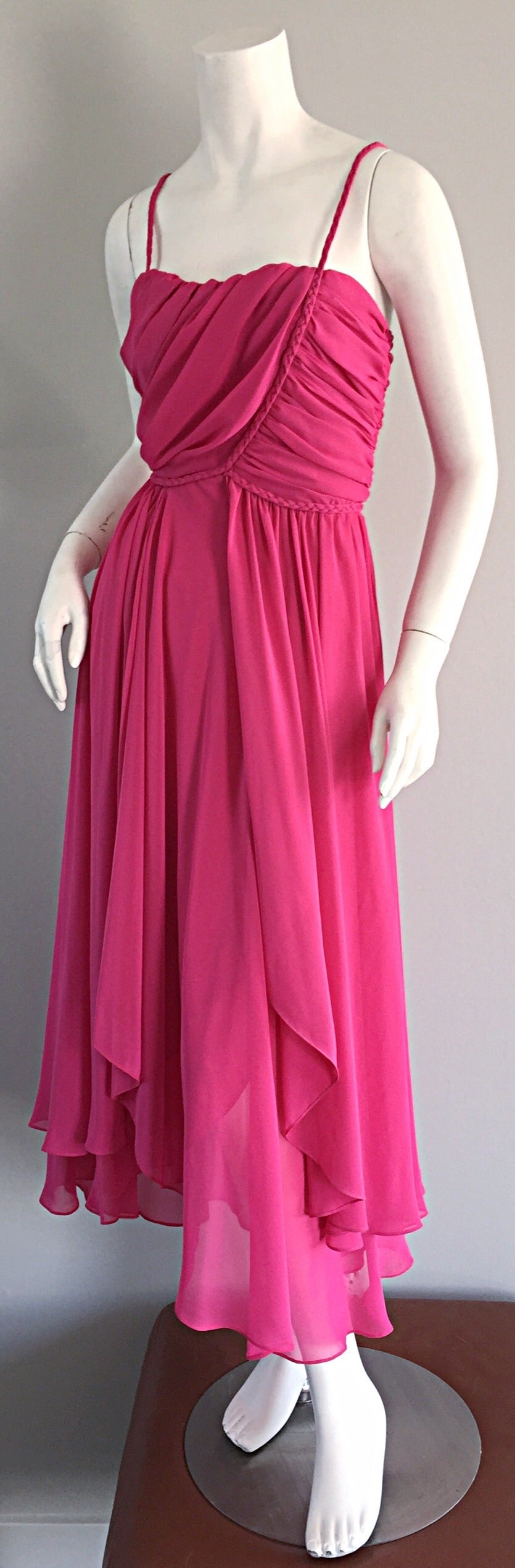 1970s Joy Stevens Hot Pink Vintage Flowy Grecian Disco Dress w/ Braided