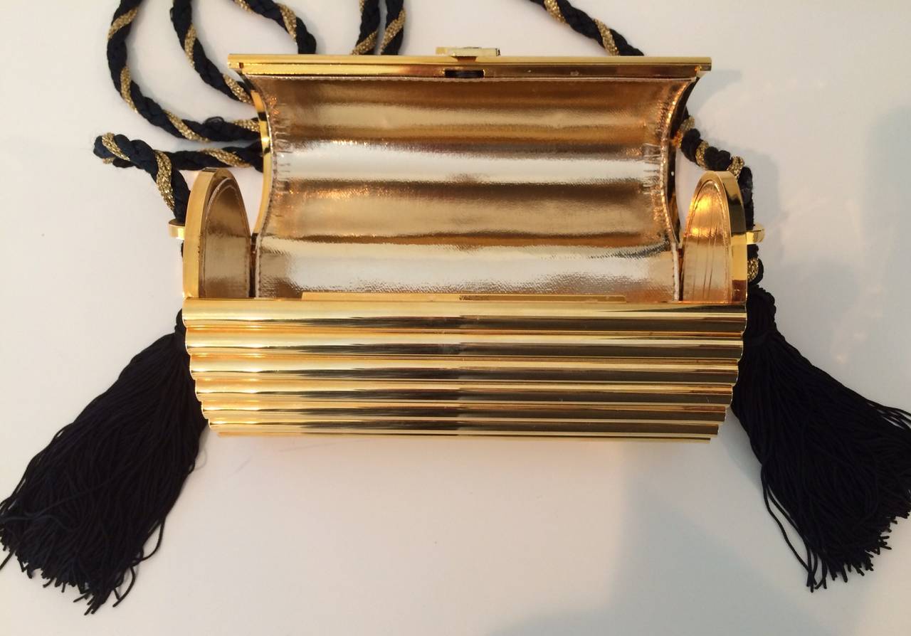 YSL Vintage Gold Metal Black Tassel Evening Bag / Clutch 1980s at
