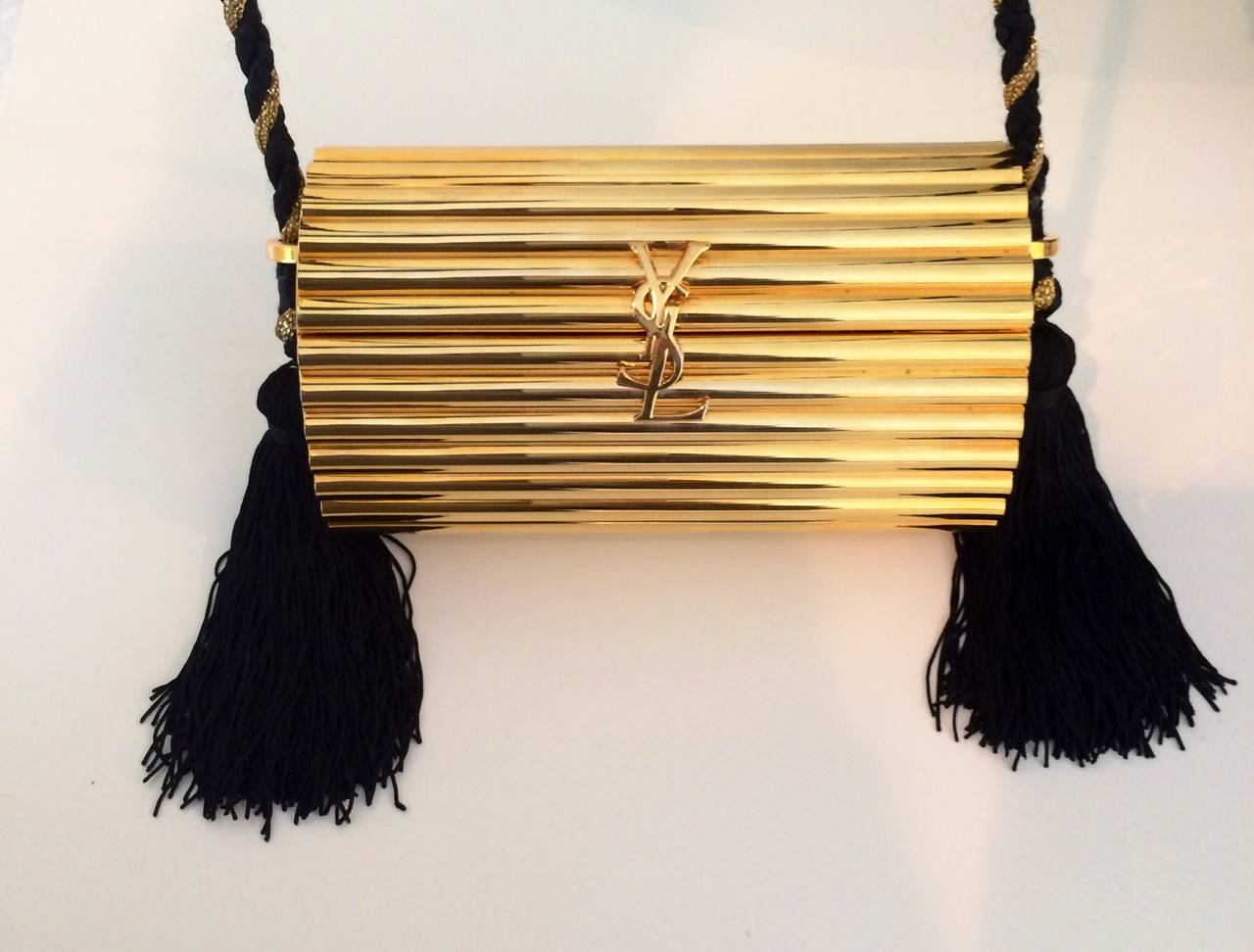 YSL Vintage Gold Metal Black Tassel Evening Bag / Clutch 1980s at