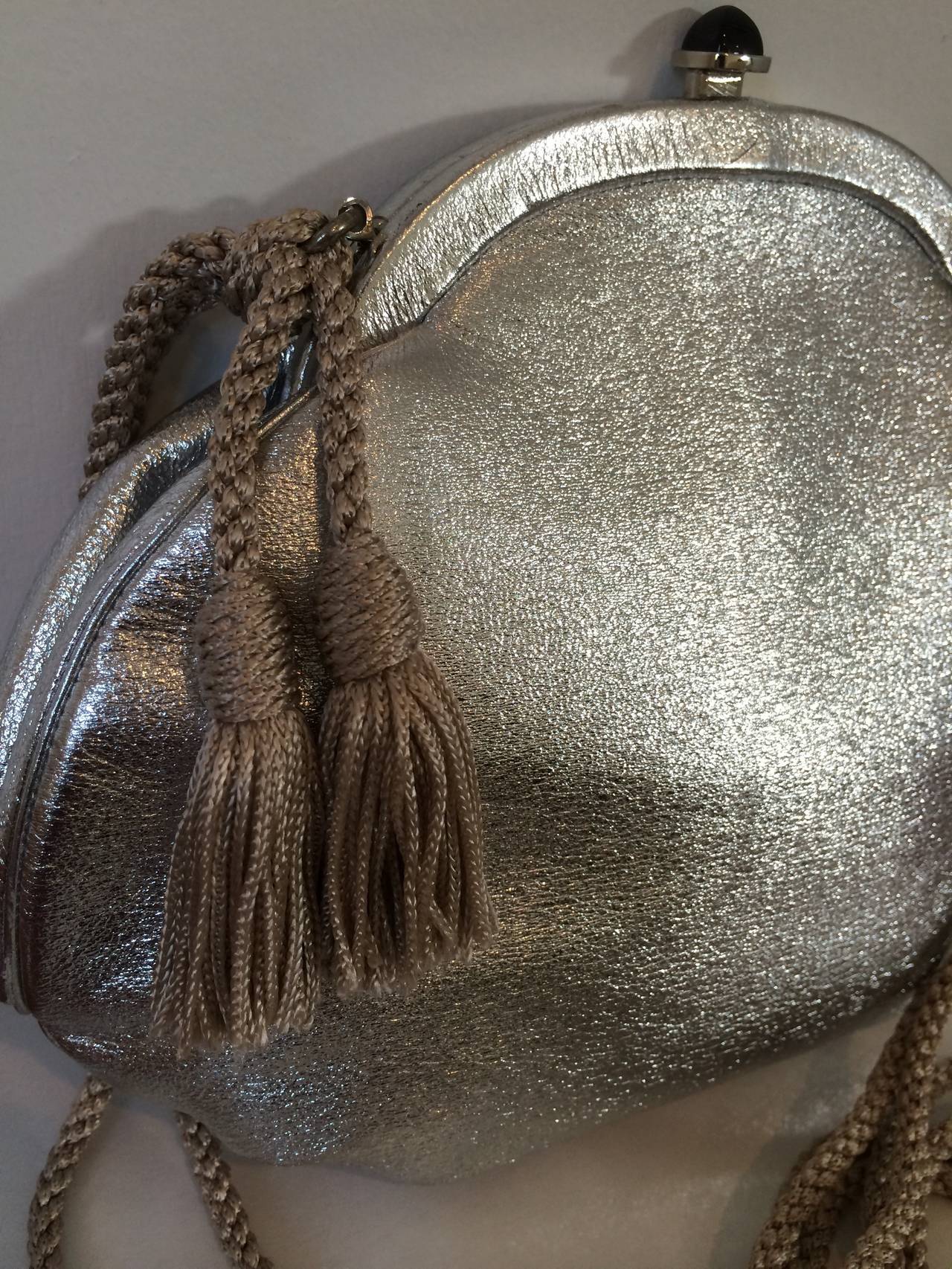 Vintage Judith Leiber Metallic Silver Leather Black Onyx Clap Evening