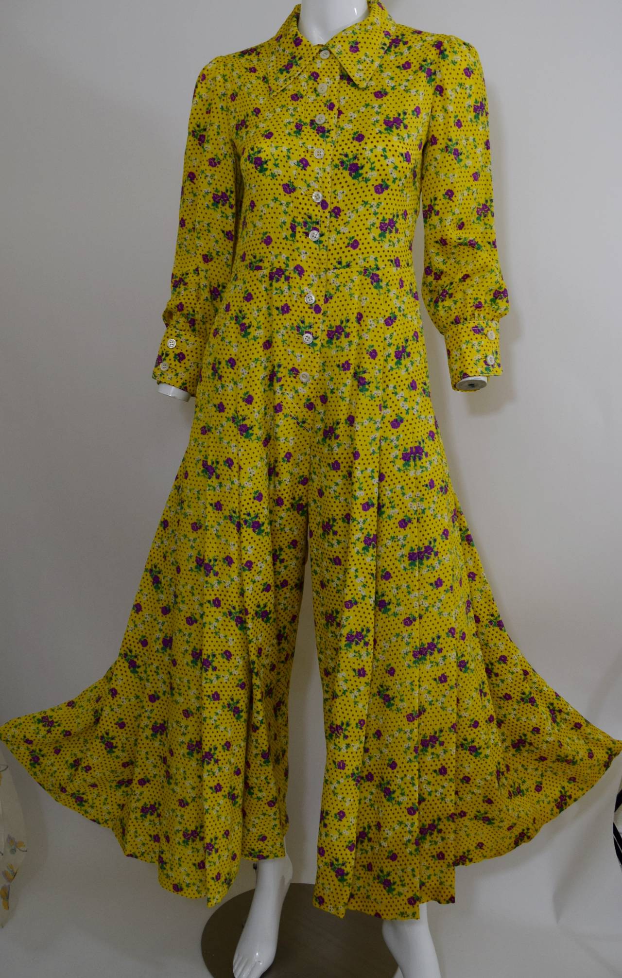 1970s Galanos Yellow Floral Print Palazzo Pant Jumpsuit For Sale at