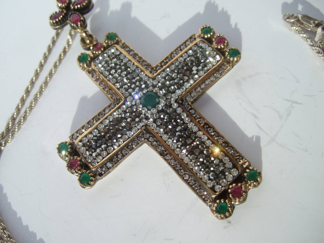 Sterling Large Crystal and Semi Precious Jeweled Cross Pendant Necklace
