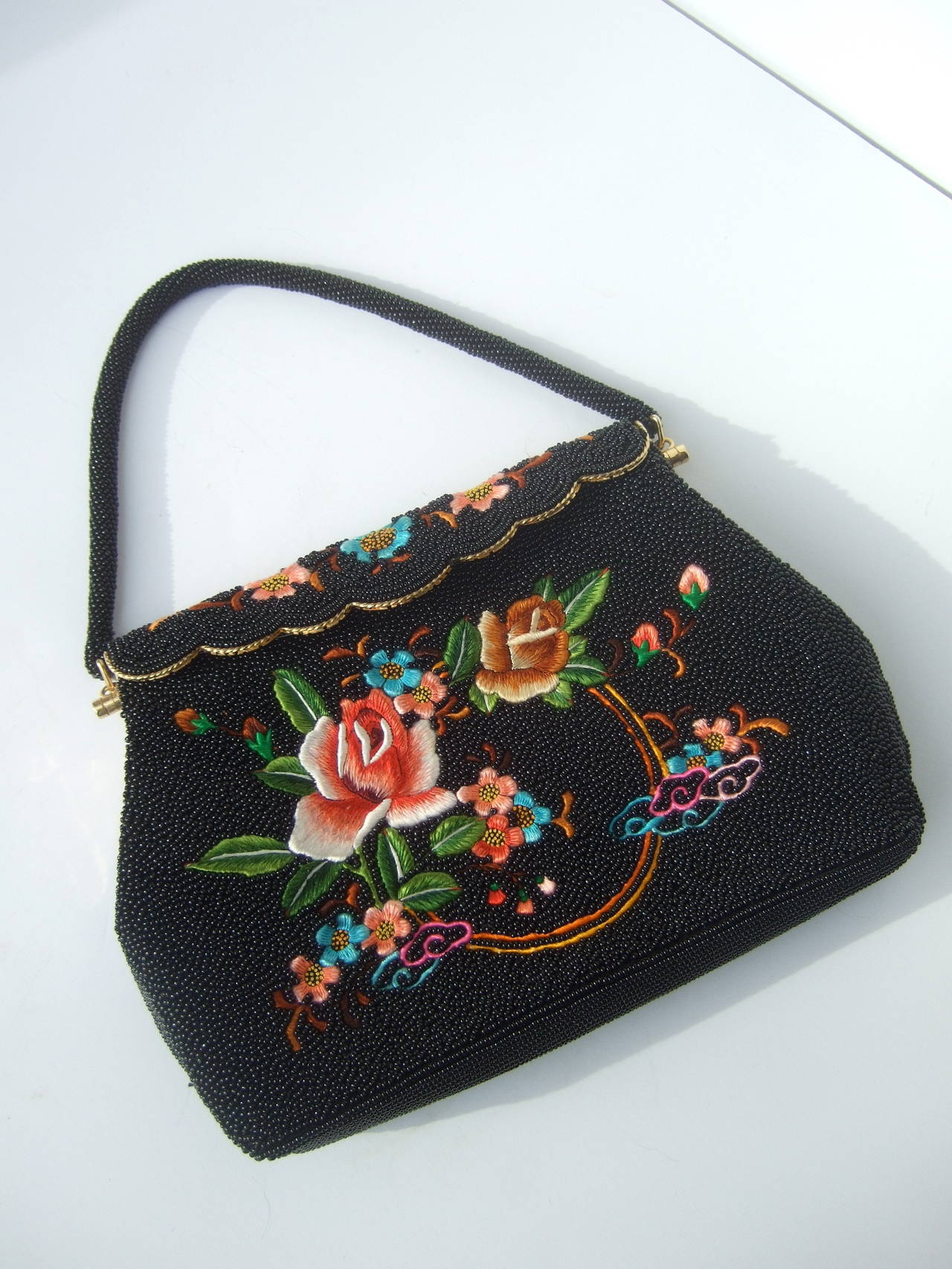 Exquiste Black Glass Beaded Embroidered Evening Bag c 1960 For Sale at
