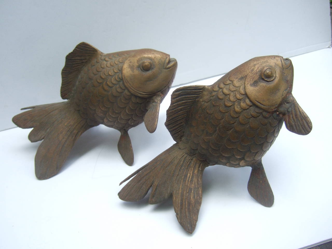 Pair Of Gilded Brass Metal Koi Fish Decorative Statues Made in Japan at