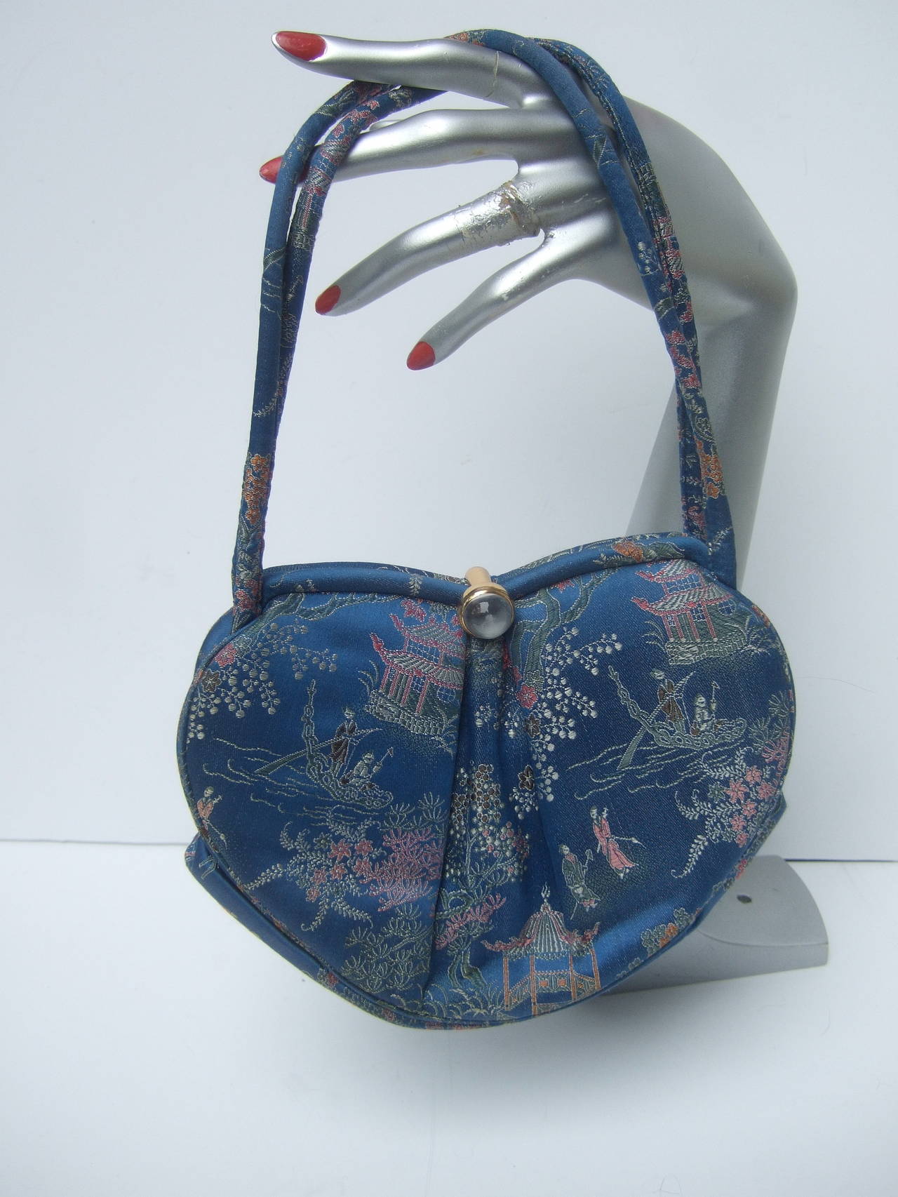 Saks Fifth Avenue Blue Satin Chinoiserie Handbag c 1960 For Sale at 1stdibs