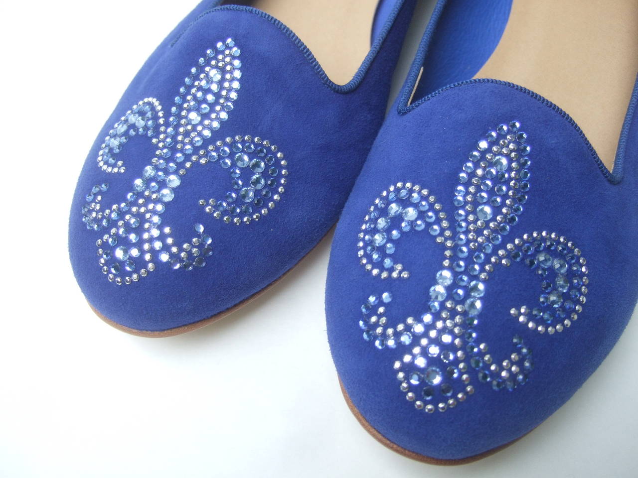 Crystal Jeweled Fleur di Lis Peacock Blue Suede Flats Made in Italy US