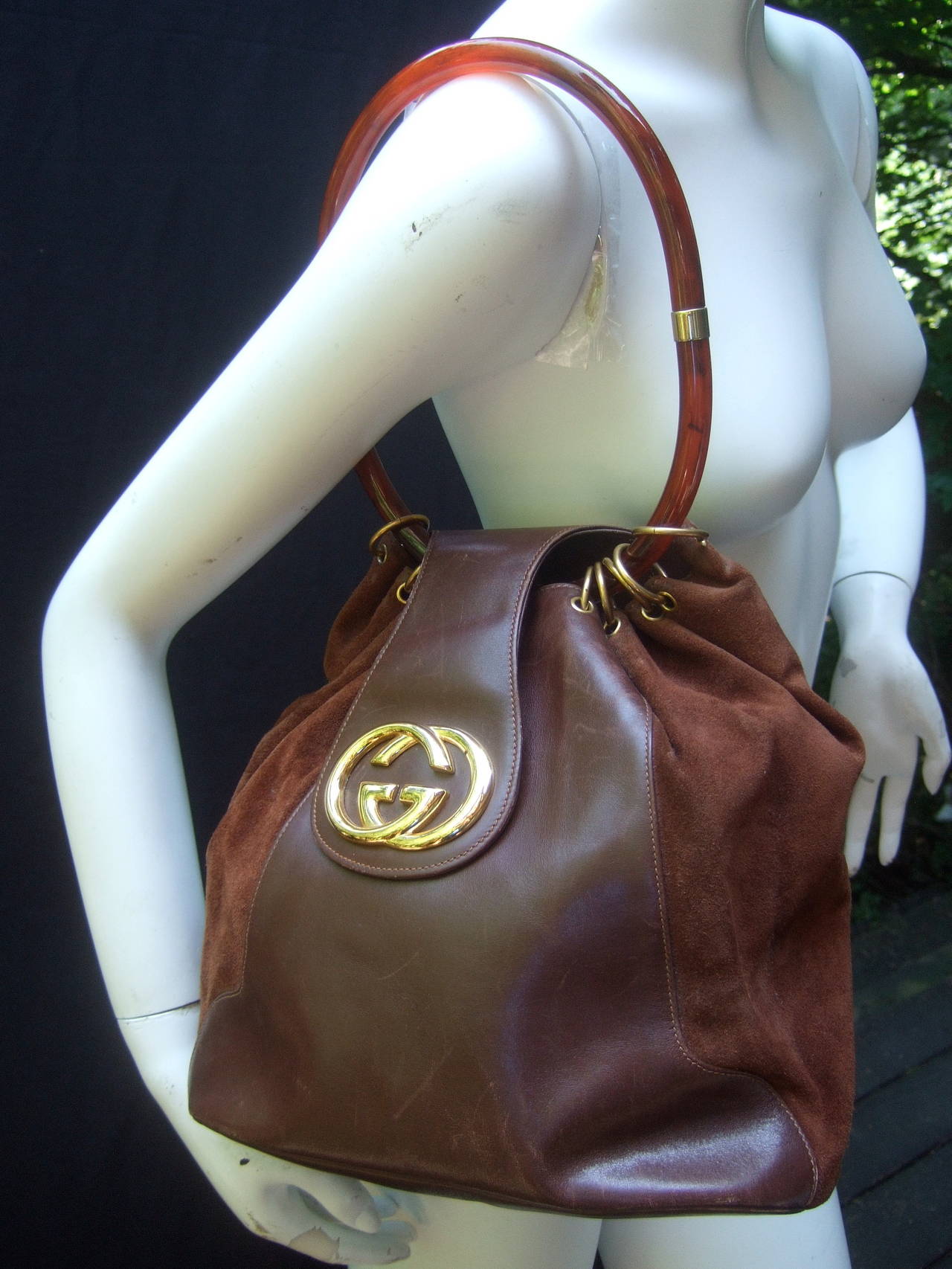 Gucci Italy Rare Brown Leather and Suede Handbag c 1970 at 1stDibs