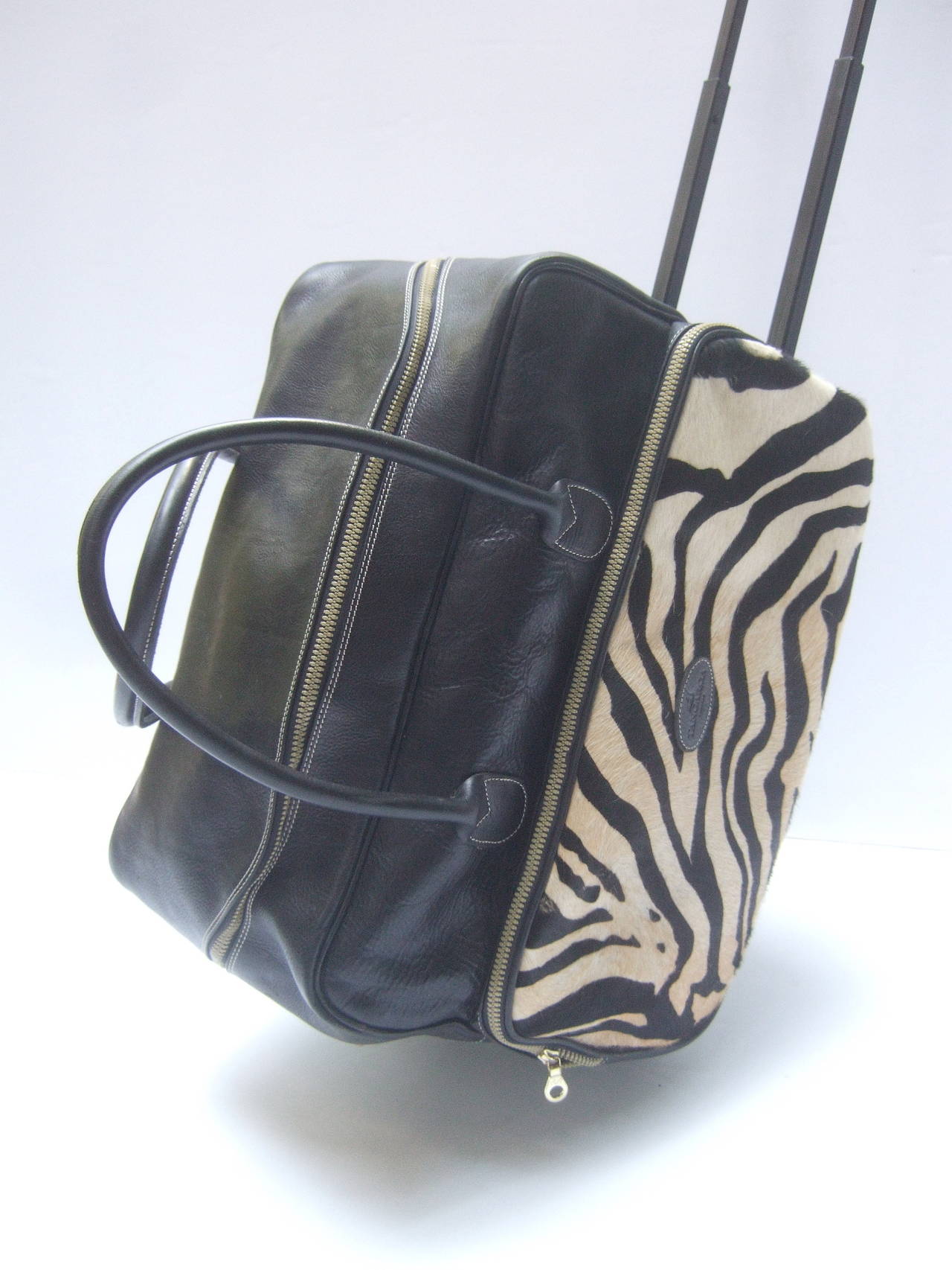 Italian Black Leather Zebra Pony Hair Luggage Travel Case by Tangaroa Terrida at 1stDibs