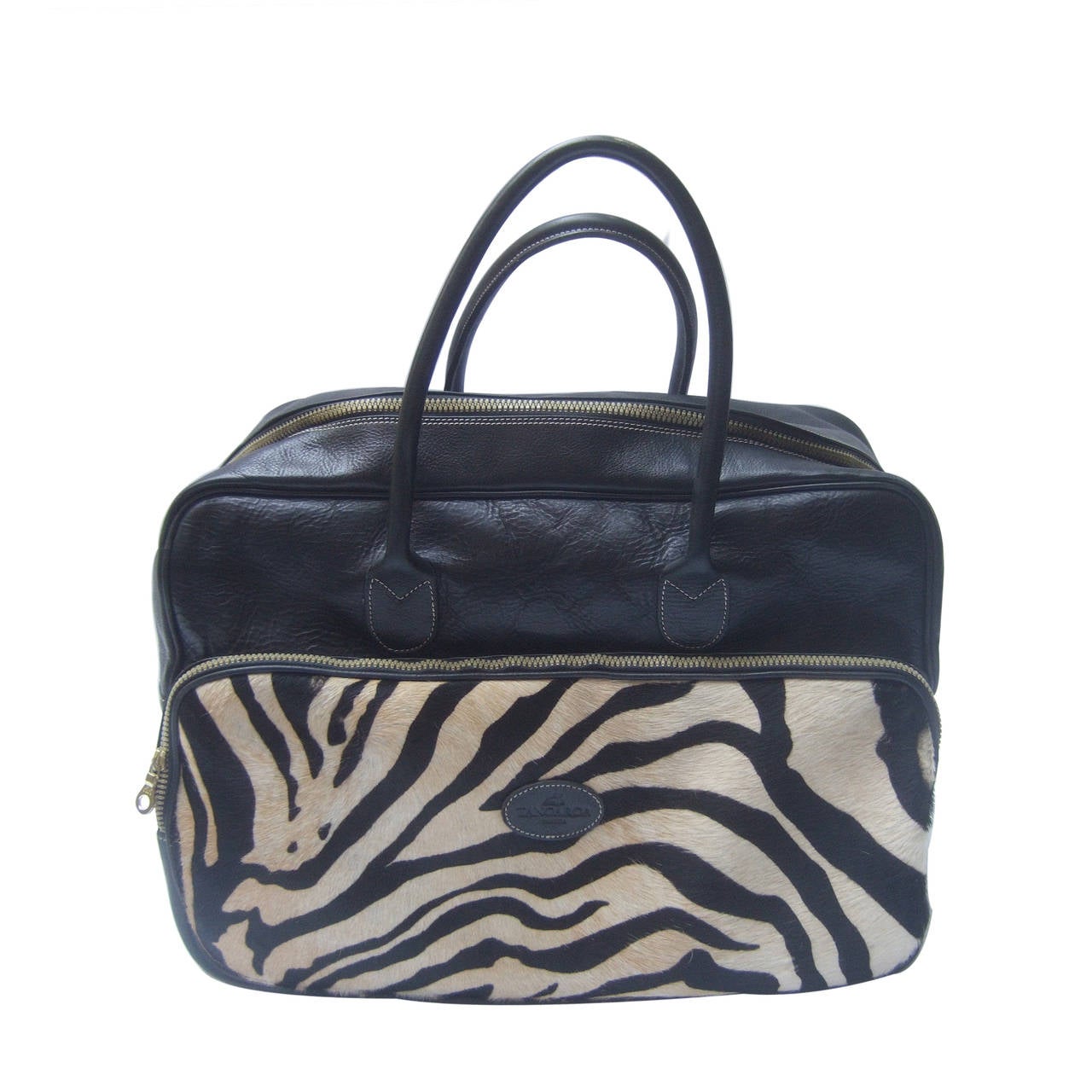 Italian Black Leather Zebra Pony Hair Luggage Travel Case by Tangaroa