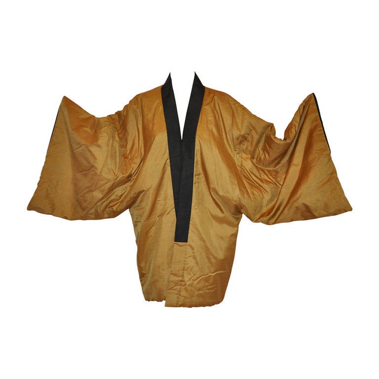 Rare Quilted Silk Japanese Kimono Jacket with Japanese Landscape Lining