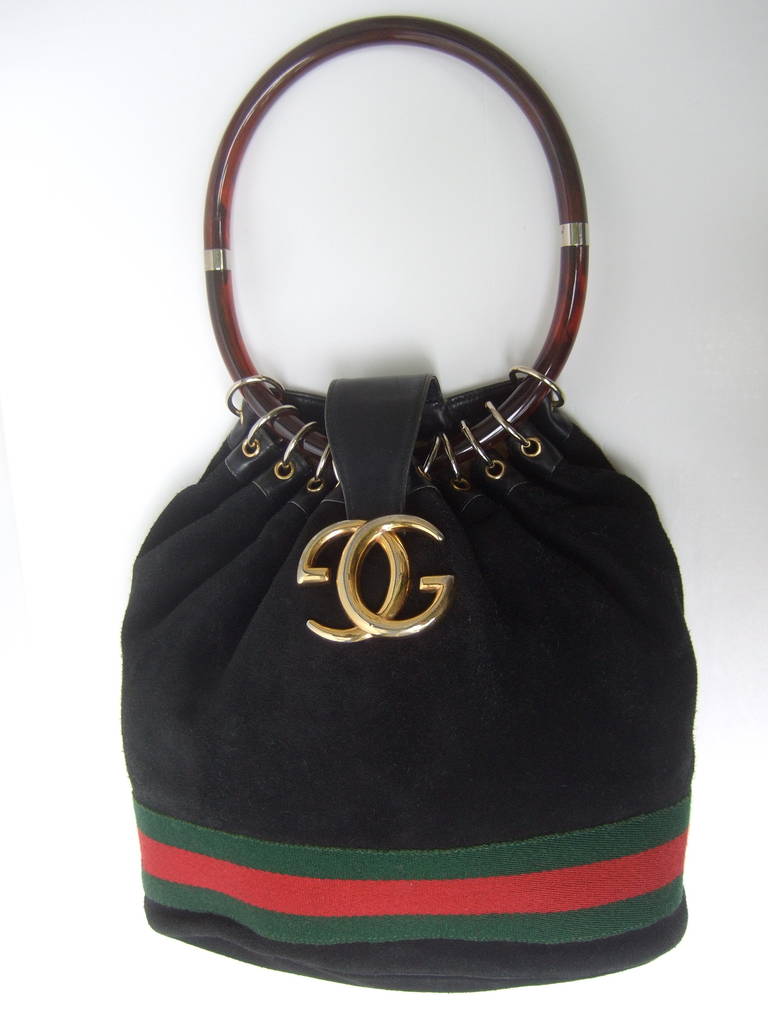 Gucci Luxurious Black Suede Lucite Handle Handbag c 1970 at 1stDibs